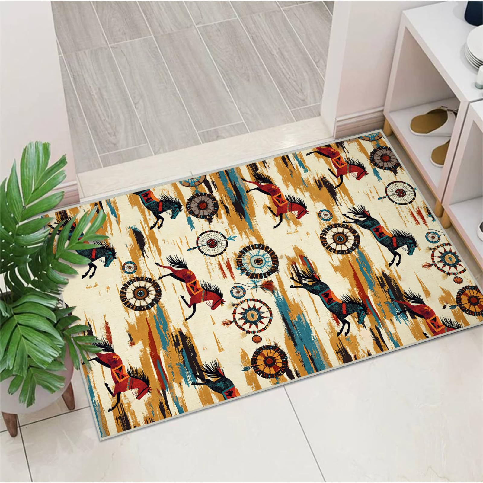Western Horse Area Rug Washable 2x3 Rugs for Living Room Bedroom Cowboy Dream Catcher Non-Slip Soft Floor Navajo Tribal Large Carpet for Office