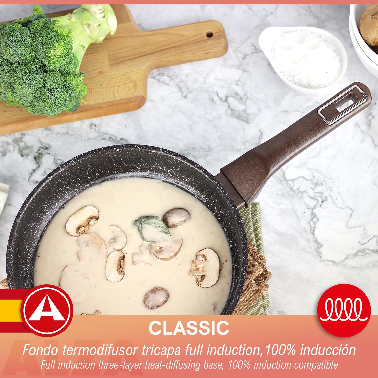 ALZA Petrea - Set de Sartenes Plateadas 20 + 24 + 28cm, Acero Inoxidable, Antiadherente Eterna de 4 Capas, Todas las Cocinas, Inducción y Lavavajillas