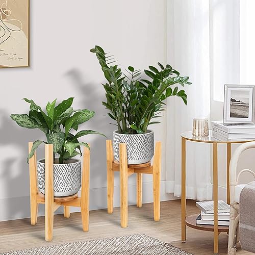 Miniatura 6 de ZIOZERTT Soporte ajustable para plantas de interior de madera de mediados de siglo, moderno soporte para macetas con bandeja, apto para macetas de 8