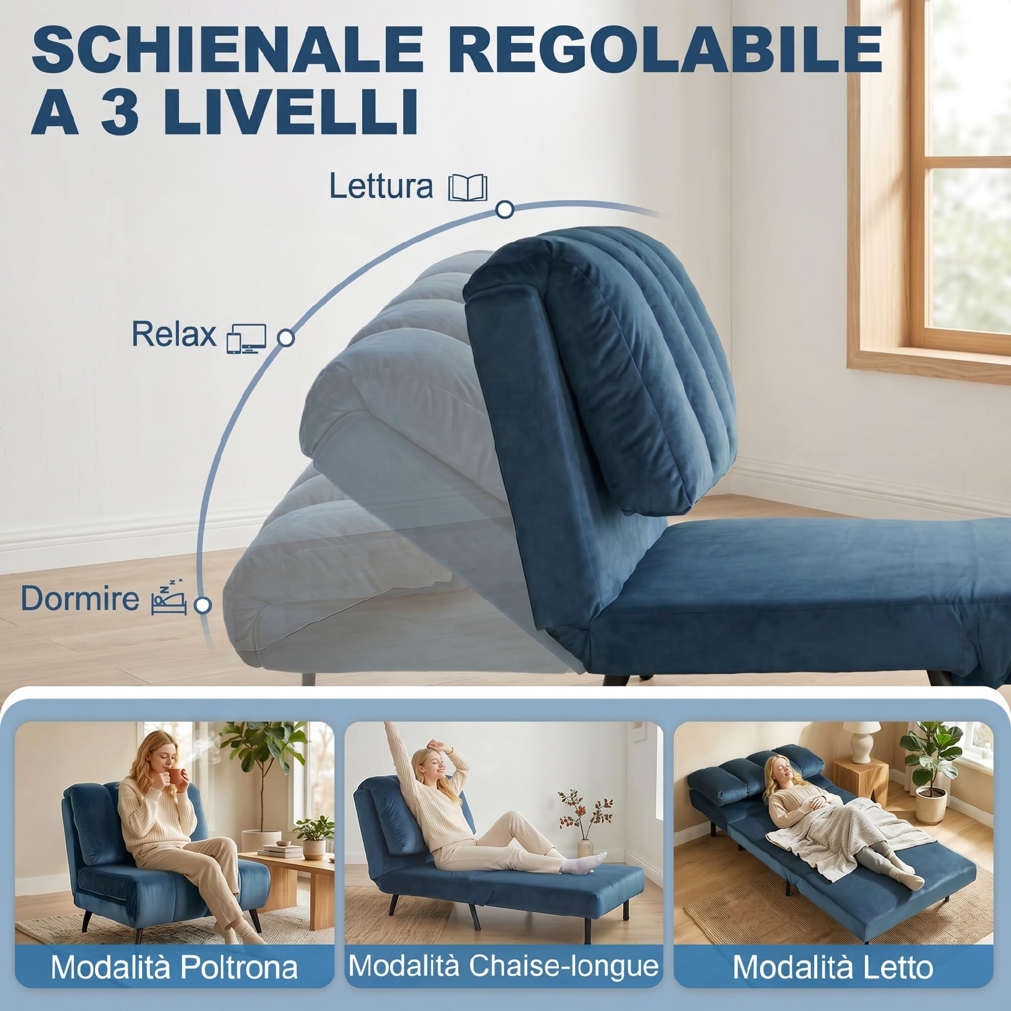 HOMCOM Poltrona Letto Singolo 3 in 1 Pieghevole Trasformabile, Schienale Regolabile 3 Posizioni, Cuscino Spesso, Divano Letto in Velluto, Soggiorno, Camera da Letto, Facile Montaggio, 88x92x88cm, Blu