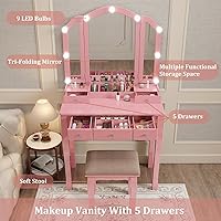 Vista 6 de Tocador con luces para niñas, juego de escritorio con cajones, tocador de maquillaje con espejo y luces, tocador de maquillaje rosa para niñas, mesa