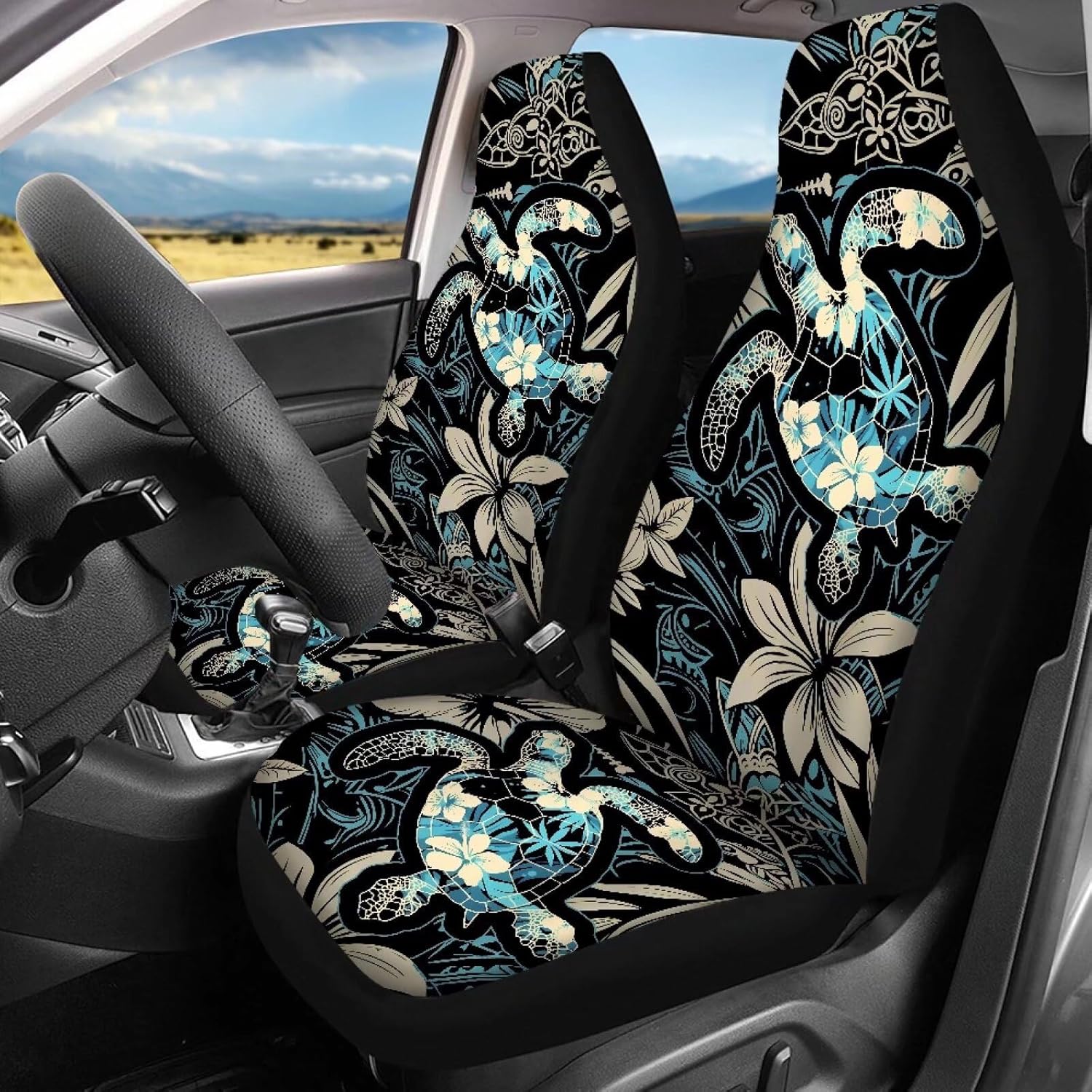 Tribal Turtle Print Nonslip Car Seat Covers Full Set for Women Tropical Ocean Animal Turtles Seat Protector Cover Floral Car Decor Accessories for Vehicle Car SUV Truck