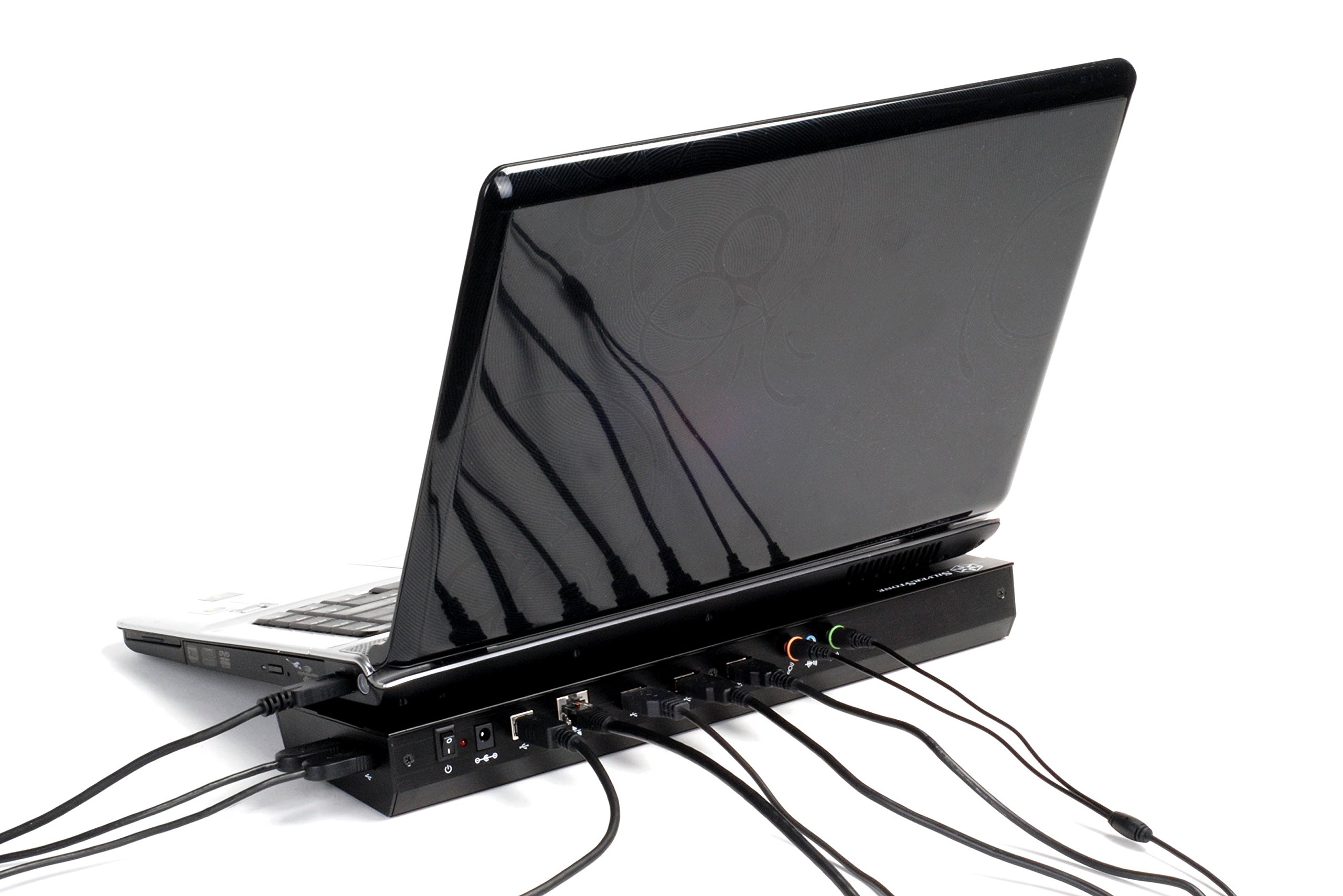 SilverStone SST-NB02B - Raffreddatore per notebook Noble Breeze in alluminio con connettore 10/100 Base-T- (RJ-45), audio, Microfon, 5x USB 2.0 e caricabatterie per telefono cellulare, nero