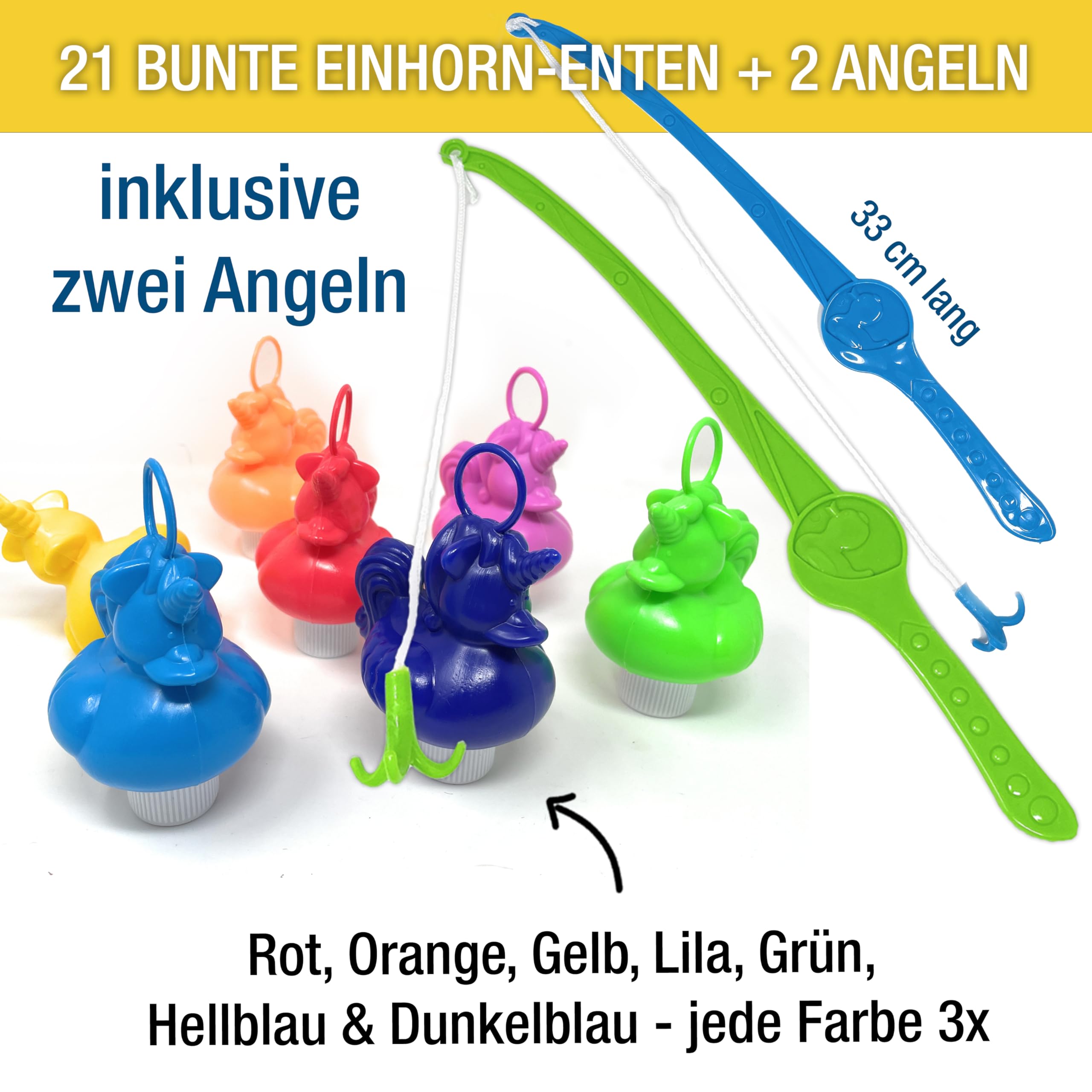 AMLI Einhorn Enten Angeln | 21x bunt Unicorn Entchen mit Öse & Gewicht | Inkl. 2 Angeln | Entenangeln Spiel Wasser groß | 101AO20DUCK (mit 2 Angeln)