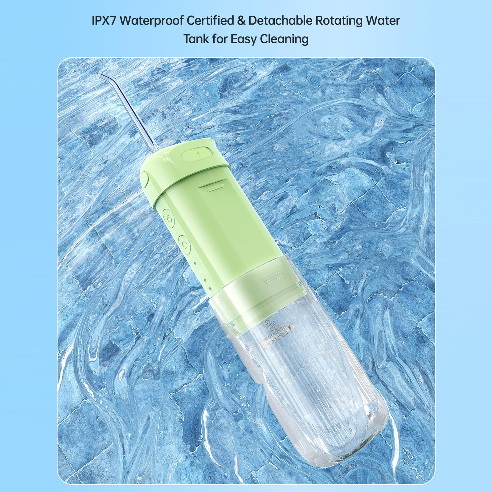 Dispositivo elettrico per filo interdentale, irrigatore orale portatile, serbatoio dell'acqua da 200 ml, durata della batteria 70 giorni, 4 modalità di pressione, lavabile IPX7, per casa e viaggi