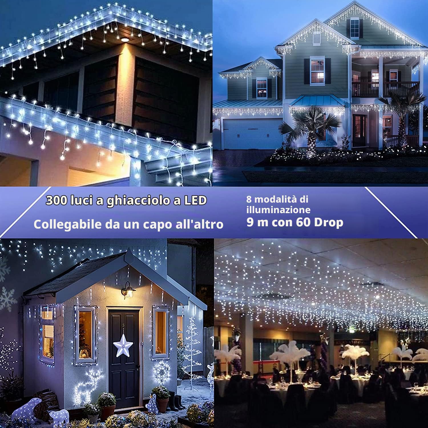 Joomer Luci Natale Esterno Cascata, 12M 400LED Luci Natalizie da Esterno con Timer Funzione, 8 Modalità LED Luci Stringa adattatore per matrimonio Tetto Casa Bar Natalizia Decorazione(Bianco Freddo)