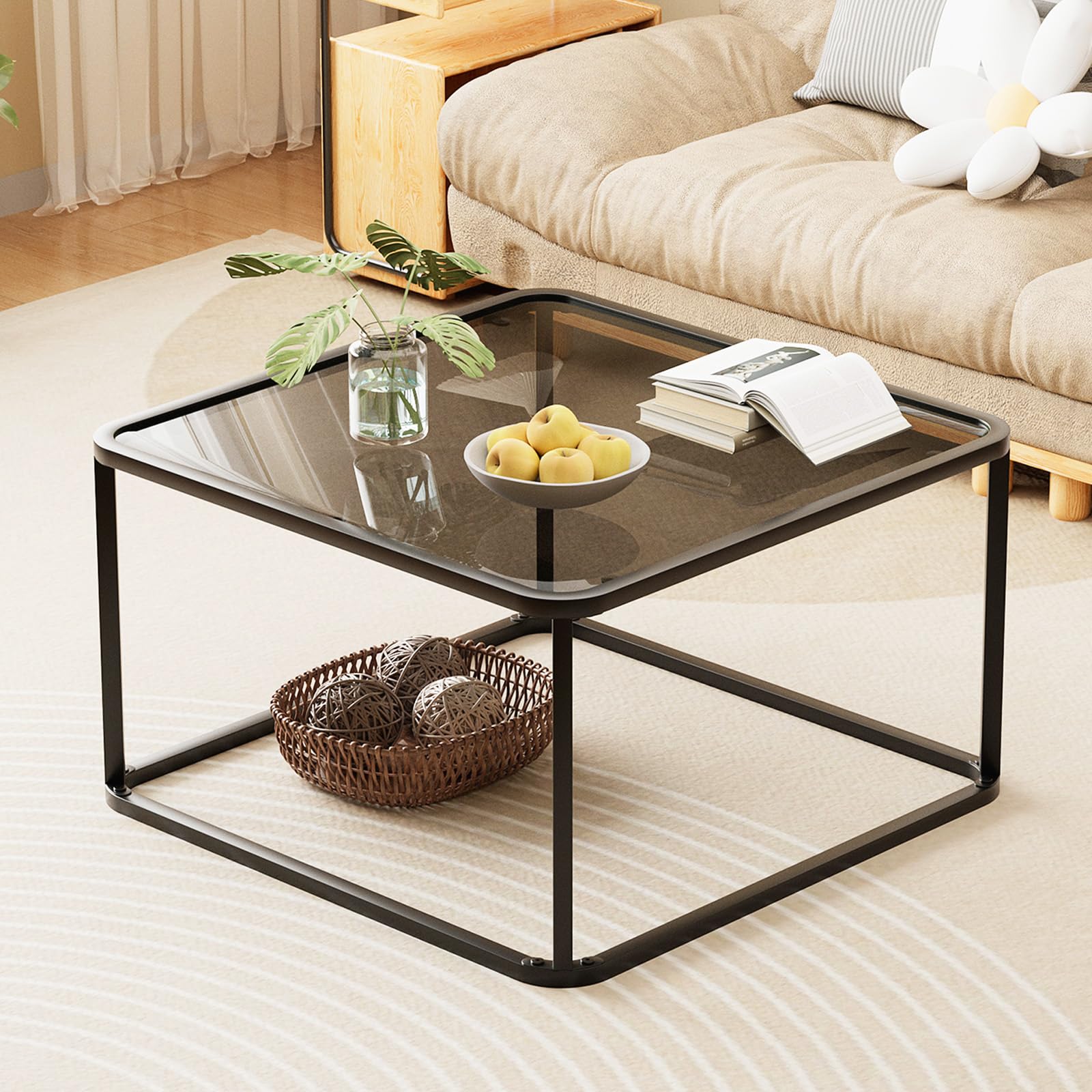 Coffee Table Glass Minimalist Square Tables for Living Room Modern Center Table for Office or Small Space Sturdy