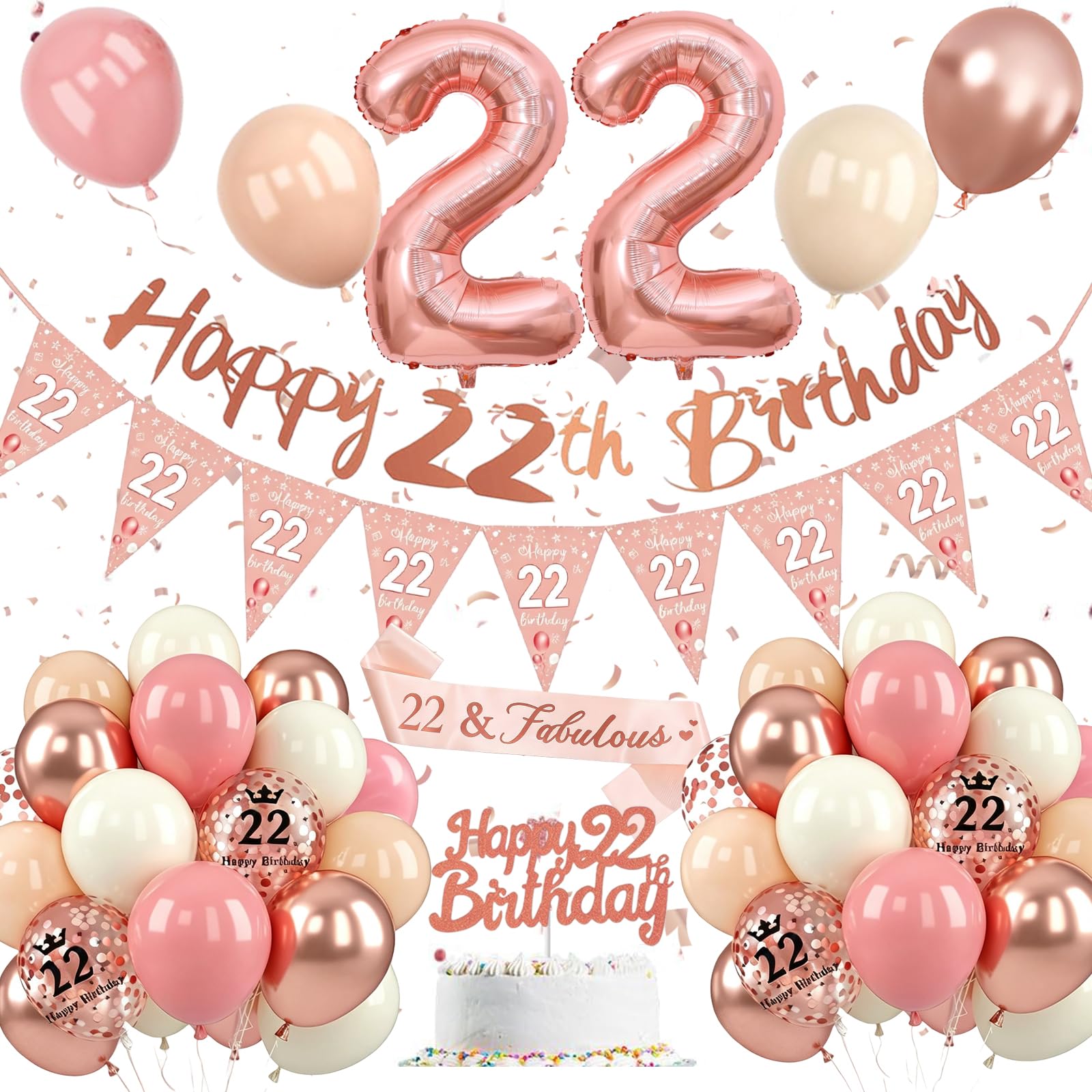 22th Birthday Decoration for Women,22th Birthday Decoration with Retro Pink Rose Gold Balloons,Happy 22st Banner, Cake Topper, Number 22 Foil Balloons for Women Party Decoration — image 1