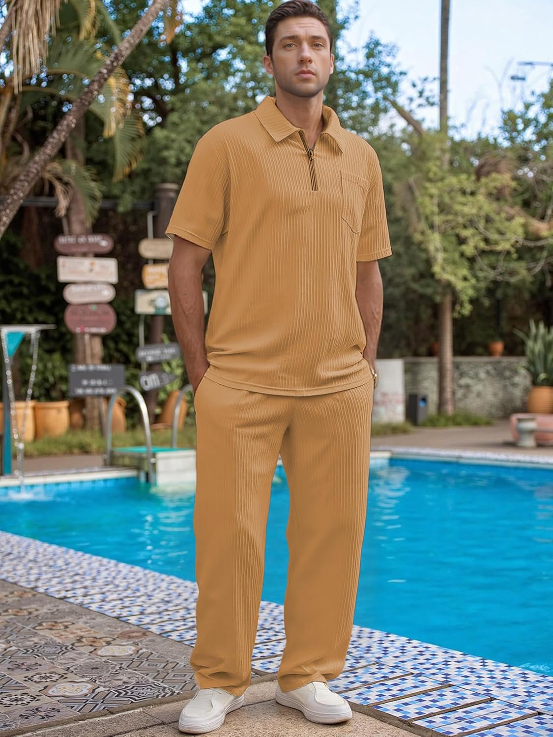 Bealin Mens Summer Beach Outfits 2 Piece Casual Quarter Zip Short Sleeve Vertical Stripe Shirt and Loose Pants Set - Image 5