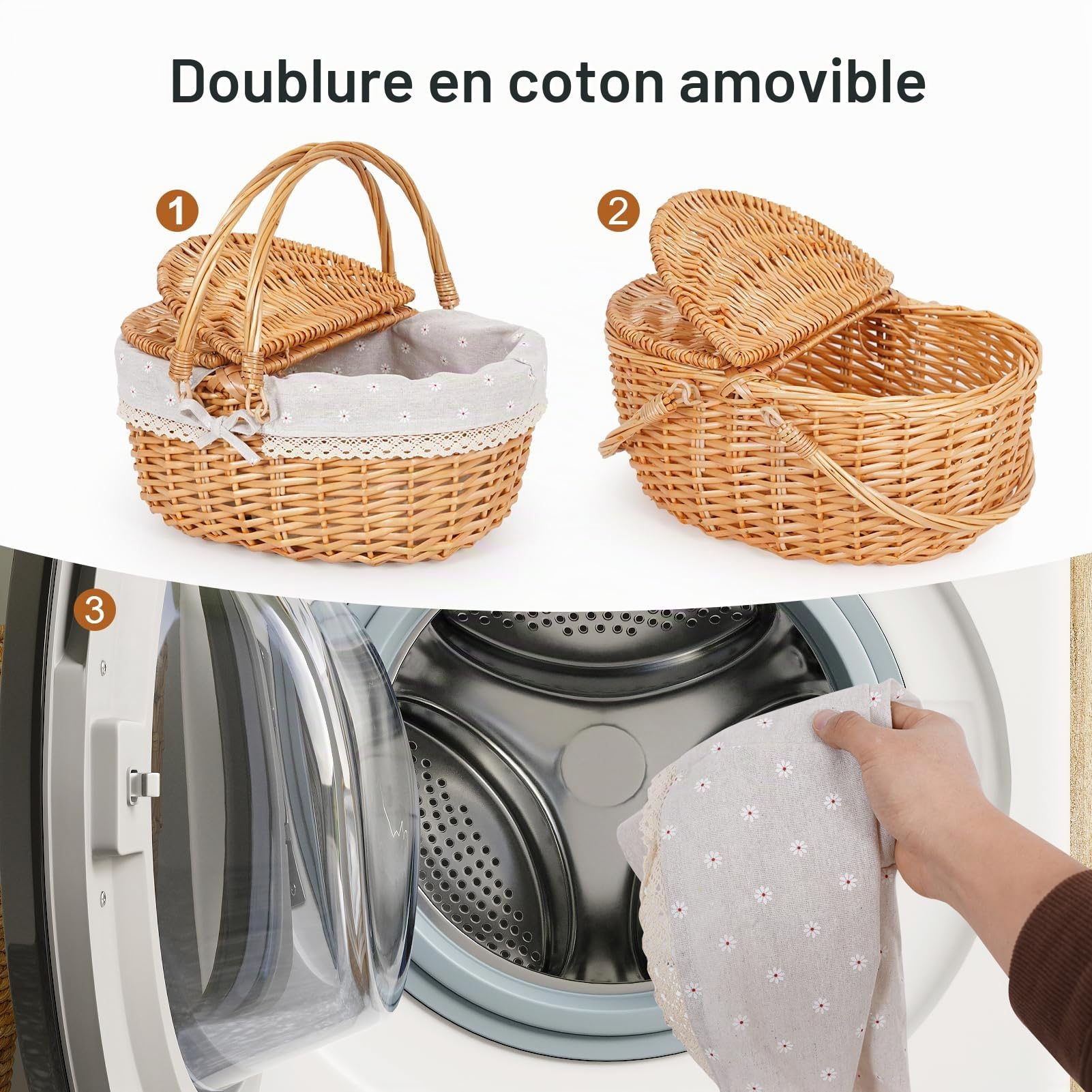 Panier de pique-nique en osier avec poignée, 38 cm, grand panier vide avec couvercle et doublure amovible, panier vintage tressé à la main pour pique-nique, camping, cueillette de légumes