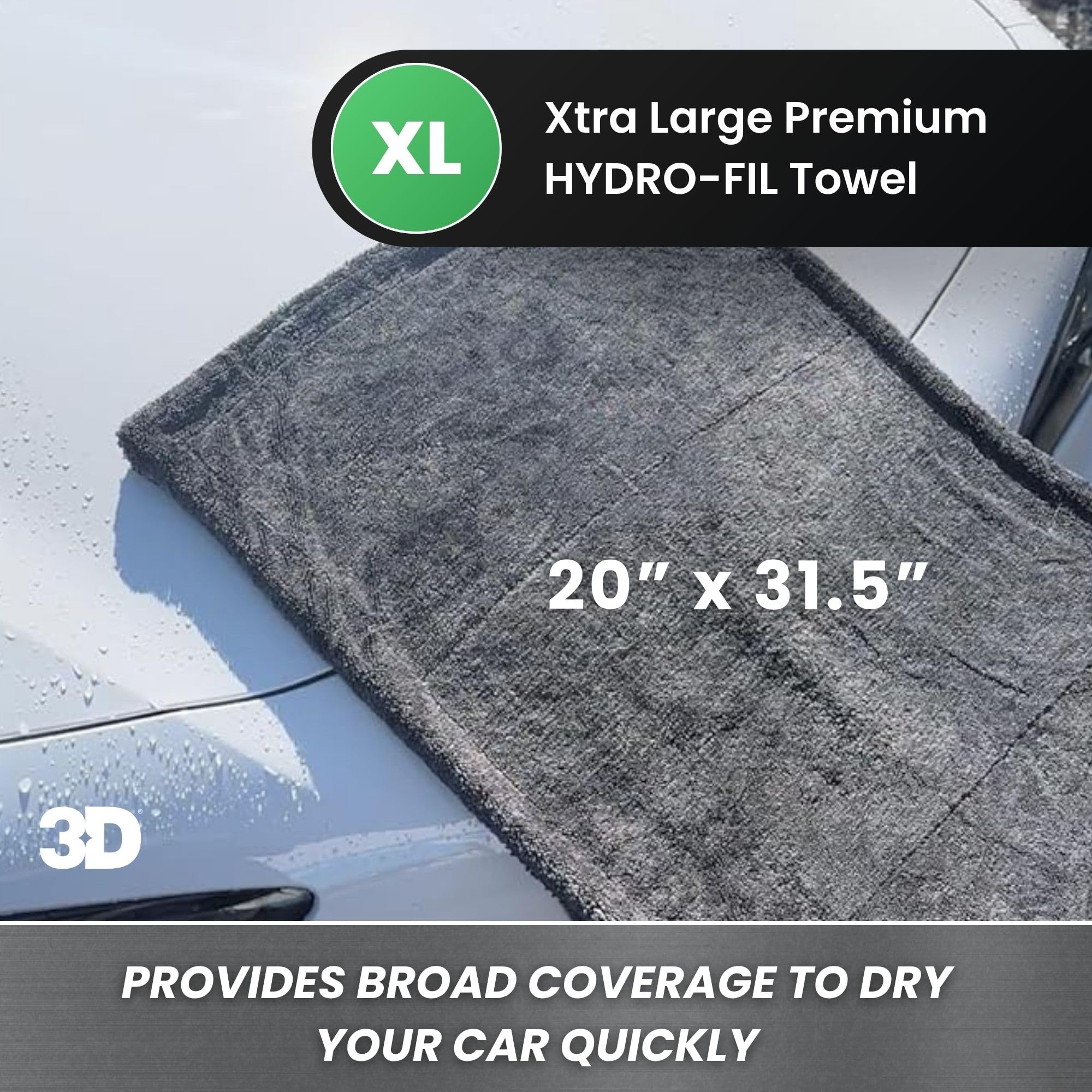 3D Hydro-FIL XL | Toalla de microfibra de grado profesional | Extra grande 20 x 31.5 pulgadas | Muy absorbente | Paño de secado de alta calidad para detalles de automóviles (gris)