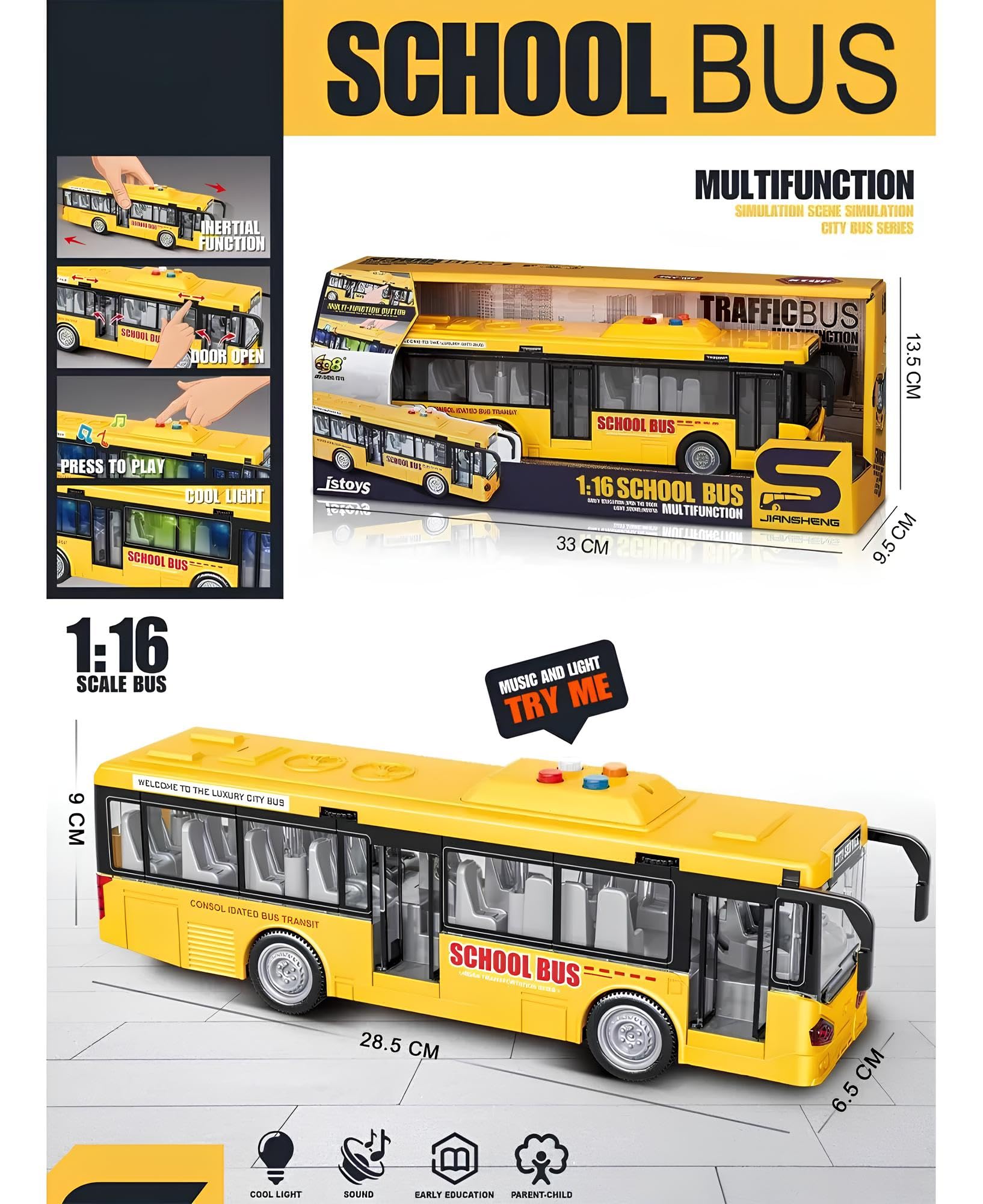 Bus Spielzeug Lichter und Sound Bus groß 28 cm Pullman Spielzeug für Kinder Lichter Geräusche Reibungsbewegung Türen öffnen Schule Buss Multifunktions Maßstab 1:16, verschiedene Farben zufällig