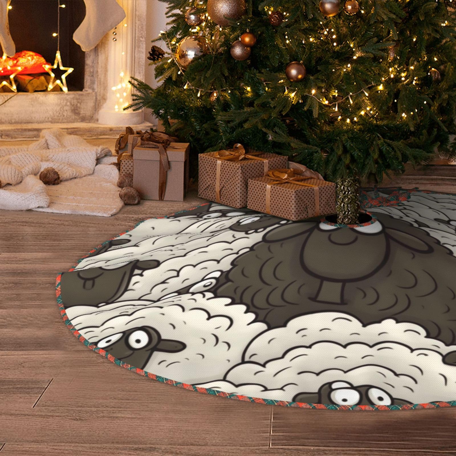 Cartoon Black White Sheep Christmas Tree Skirt 48" Artificial Tree Mat Cover Merry Christmas Burlap Xmas Tree Skirt for Christmas Decoration Holiday Indoor Outdoor Winter Party Decor