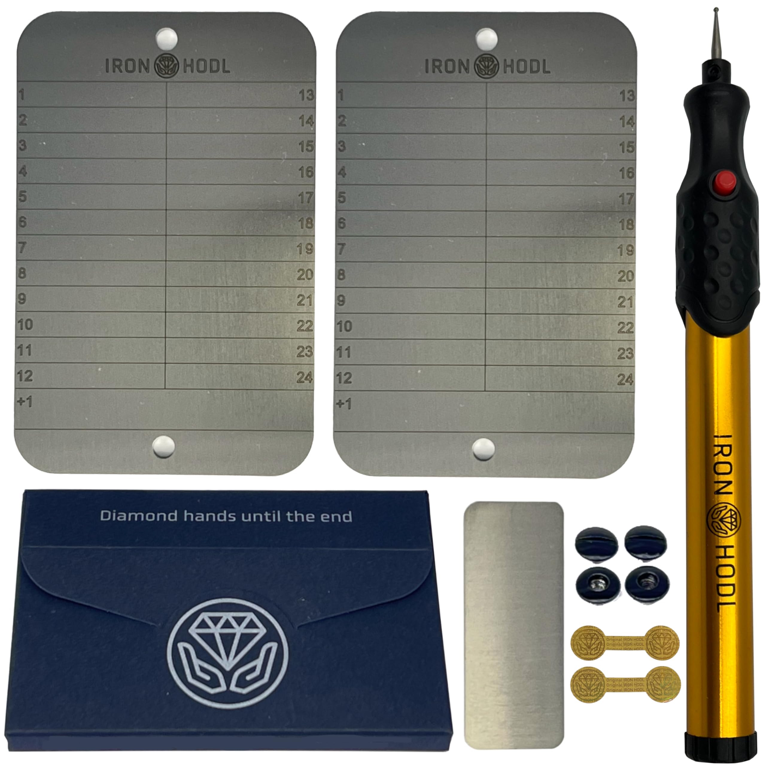 Portafoglio in acciaio + penna per incisione dorata + piastra di prova, viti, adesivi, scatola – (2 x 24 + 1) Recovery Seed Phrase metallo Crypto Wallet Bitcoin Wallet Crypto Cold Wallet