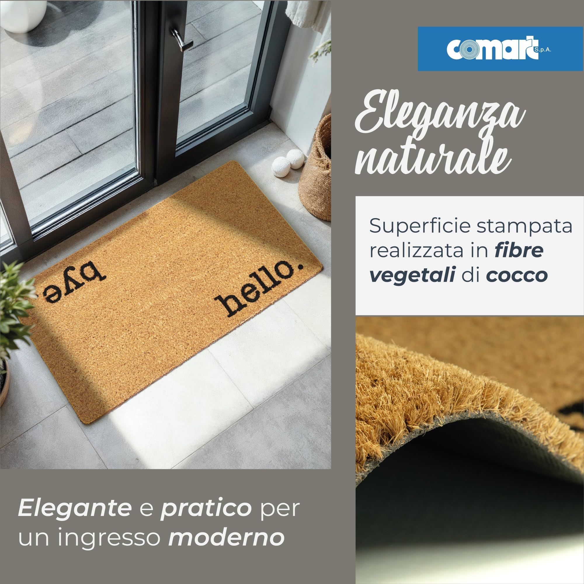 Comart - Zerbino Stay in Cocco - 40x70 cm - Tappeto Aciugapassi - per Ingresso Esterno e Interno - Antiscivolo - Antipioggia - Zerbino Fuori Porta - Facile da Pulire - Regalo per la Casa - Bye Hello - 4
