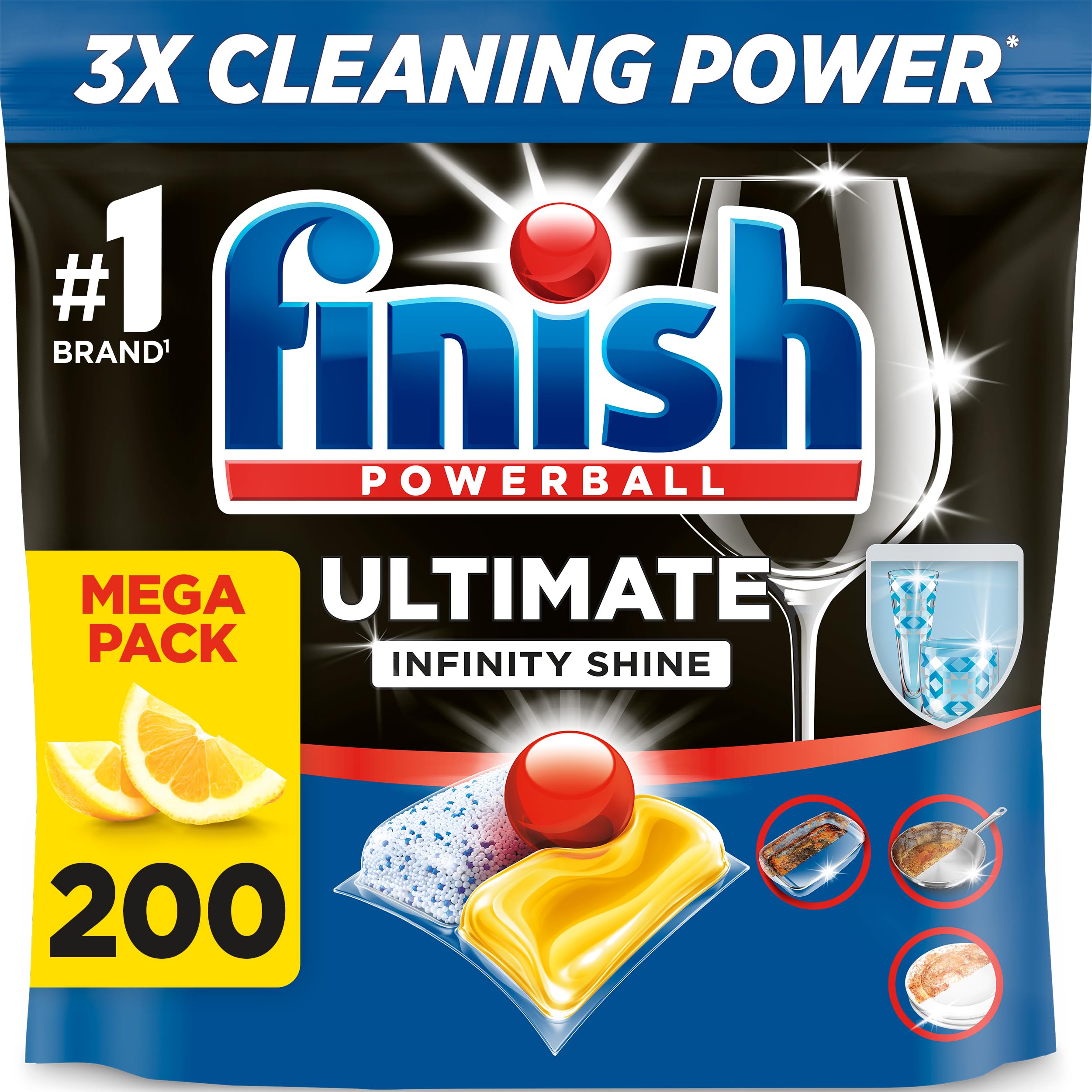 Finish Dishwasher Tablet, Ultimate Infinity Shine, 200 Tabs (100 x 2 pck), Lemon Sparkle, Clean & Shine Detergent Tabs, Tough on Grease Stains, Effective for Short Eco Cycle