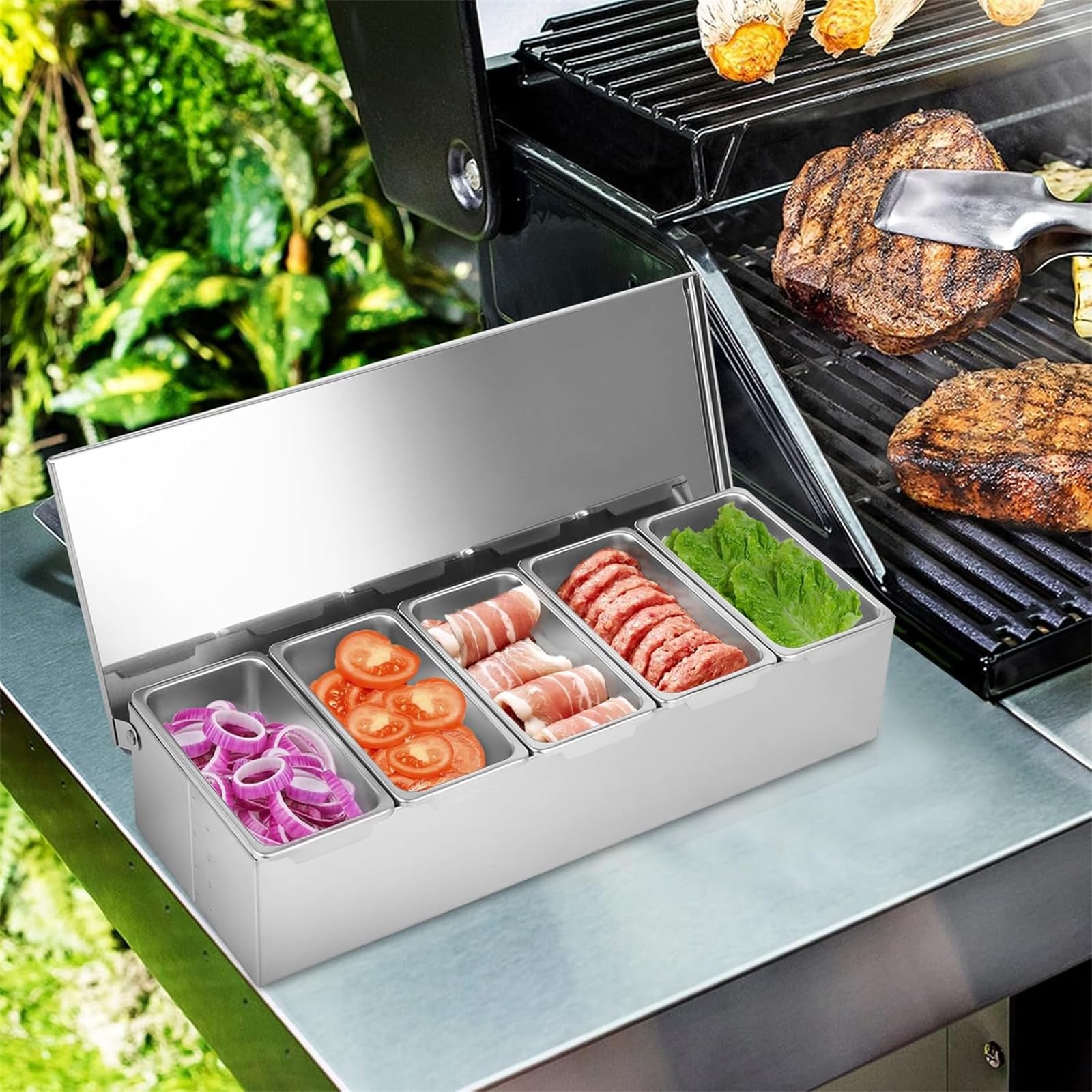 Recipiente para ingredientes para pizza de acero inoxidable 304 con 5 compartimentos, recipiente refrigerado para especias con tapa, estación de pizza, caja de frutas, servir tacos, ensalada de frutas