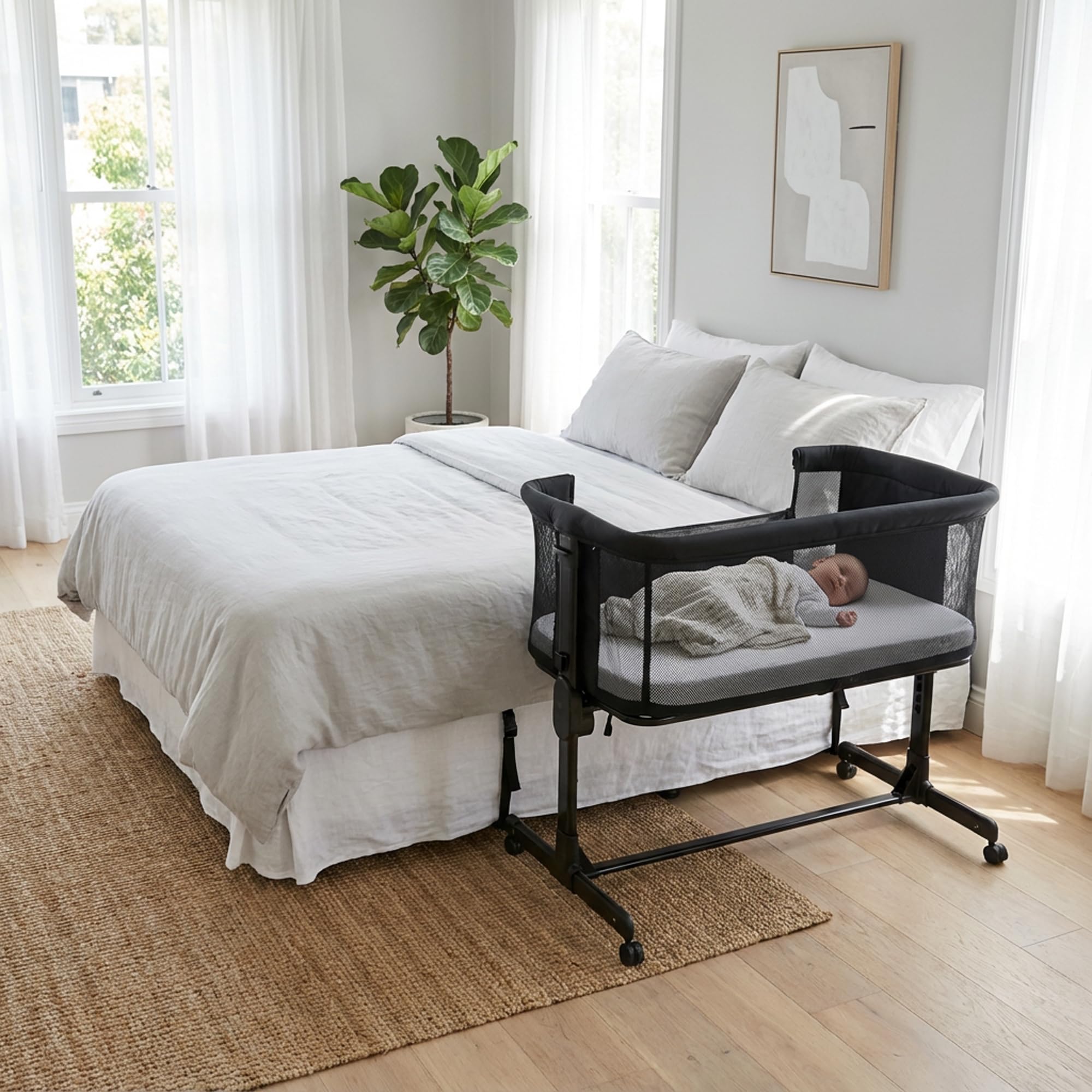 Deryan Snoozy Co-Sleeper 3 en 1 Lit bébé jusqu'à 9 kg Cododo Berceau Réglage Hauteur Inclinaison Matelas 4 roulettes Freins Matelas Ergonomique Sac (Noir)