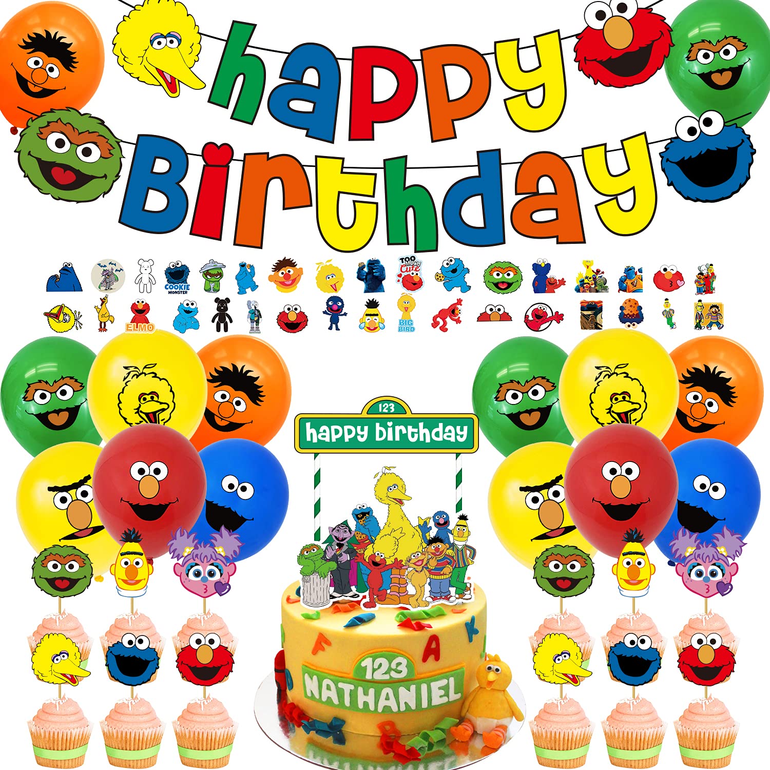 96 Pcs Sesame Street Birthday Party Supplies Birthday Decorations Include Sesame Street Balloons, Birthday Banner, Cake Toppers and Stickers Sesame Street Party Favor for Kids