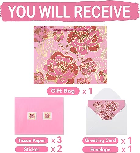 Miniatura 3 de Juego de bolsa de regalo rosa grande de 13 pulgadas con tarjeta de felicitación y papel de seda (flores trazadas de aluminio) para celebrar