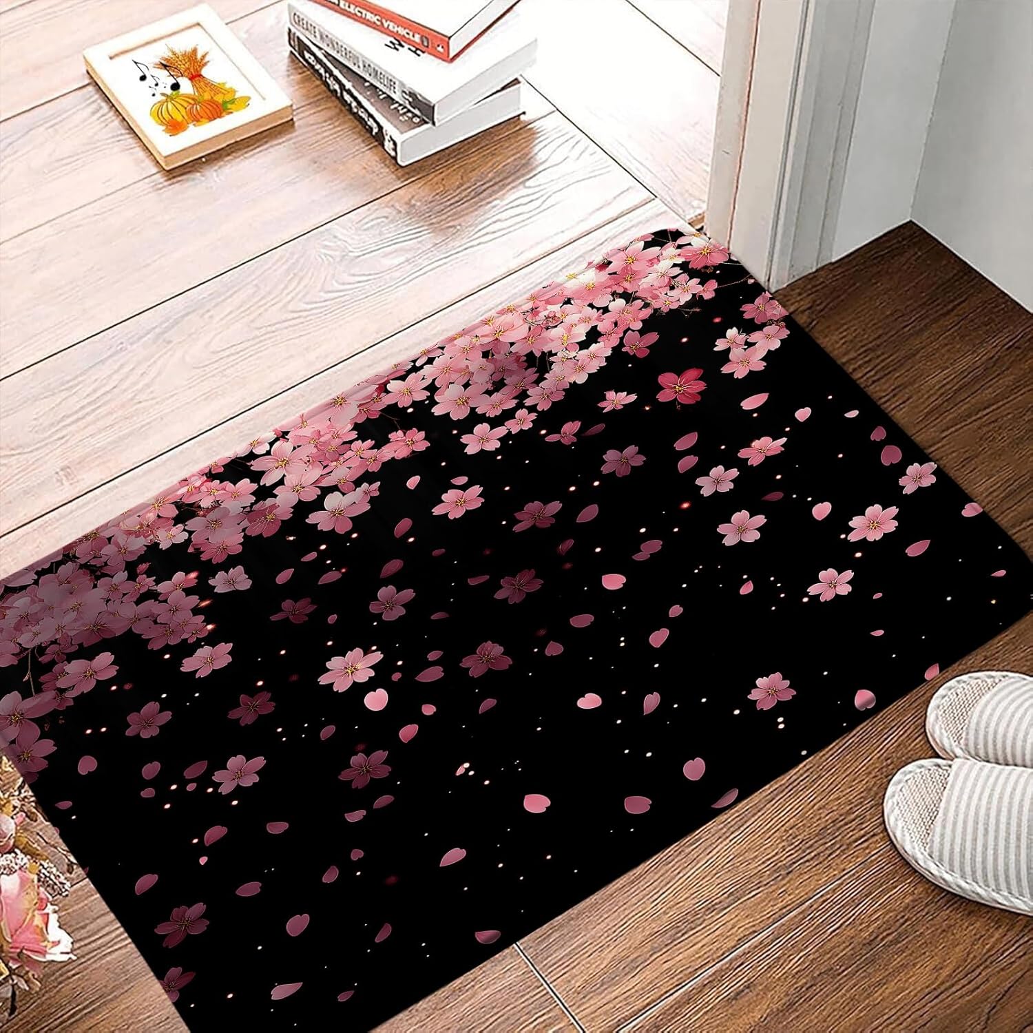 GCTNBJL Cherry Blossom Bath Mat Pink Falling Flower Spring Asian Nature Dreamy Aesthetic Black Home Office Bedroom Doormat Bathroom Toilet Floor Rug,24x48 Inch