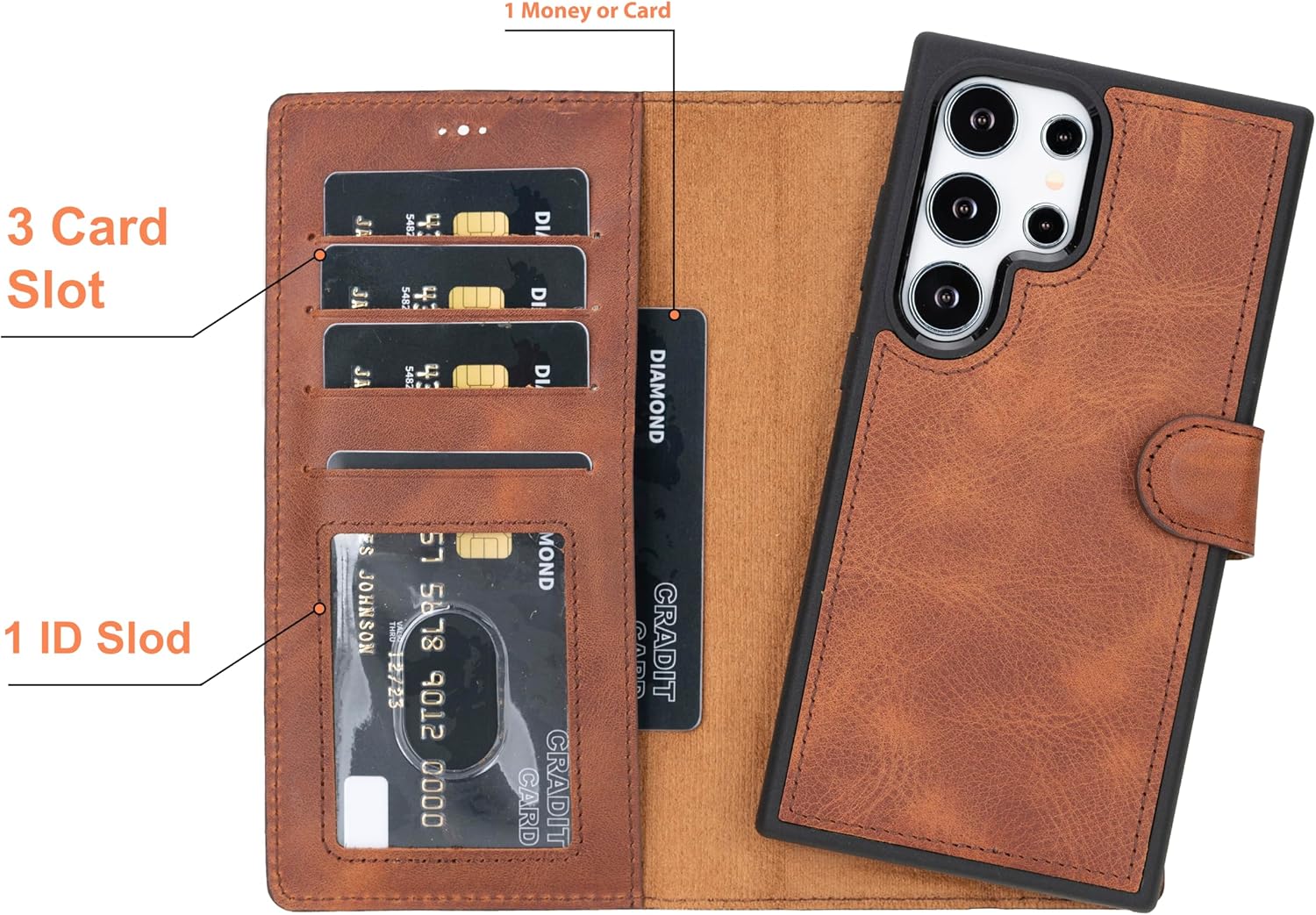 HARDISTON Premium Leather Handmade Wallet Case Compatible with Galaxy S25 Ultra - Detachable Magnetic Flip Cover with Card Holder & Kickstand (Brown, Galaxy S25 Ultra)