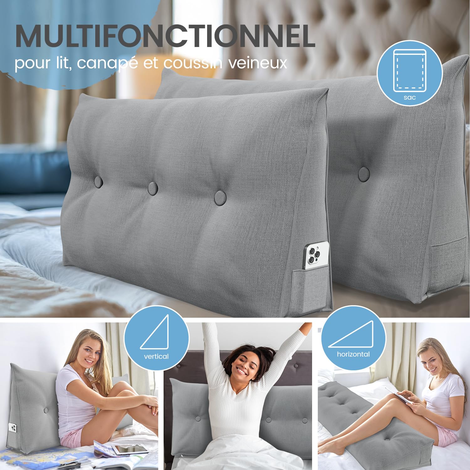 ELONEO Coussin de Dossier 180 cm de Large, Coussin en Coin adapté pour lit et canapé