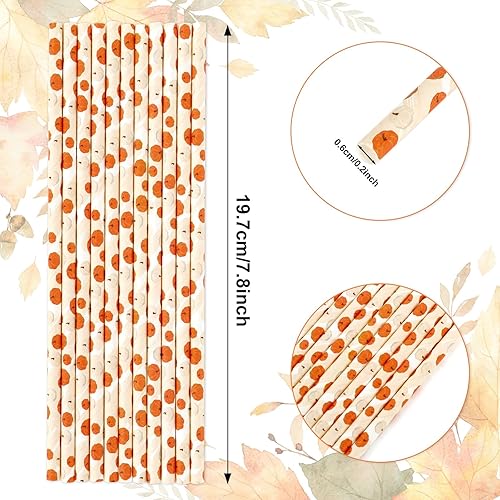 Miniatura 2 de Whaline 200 popotes de papel de otoño, pajitas desechables de calabaza en acuarela naranja y blanca, popotes decorativos de otoño para cosecha de