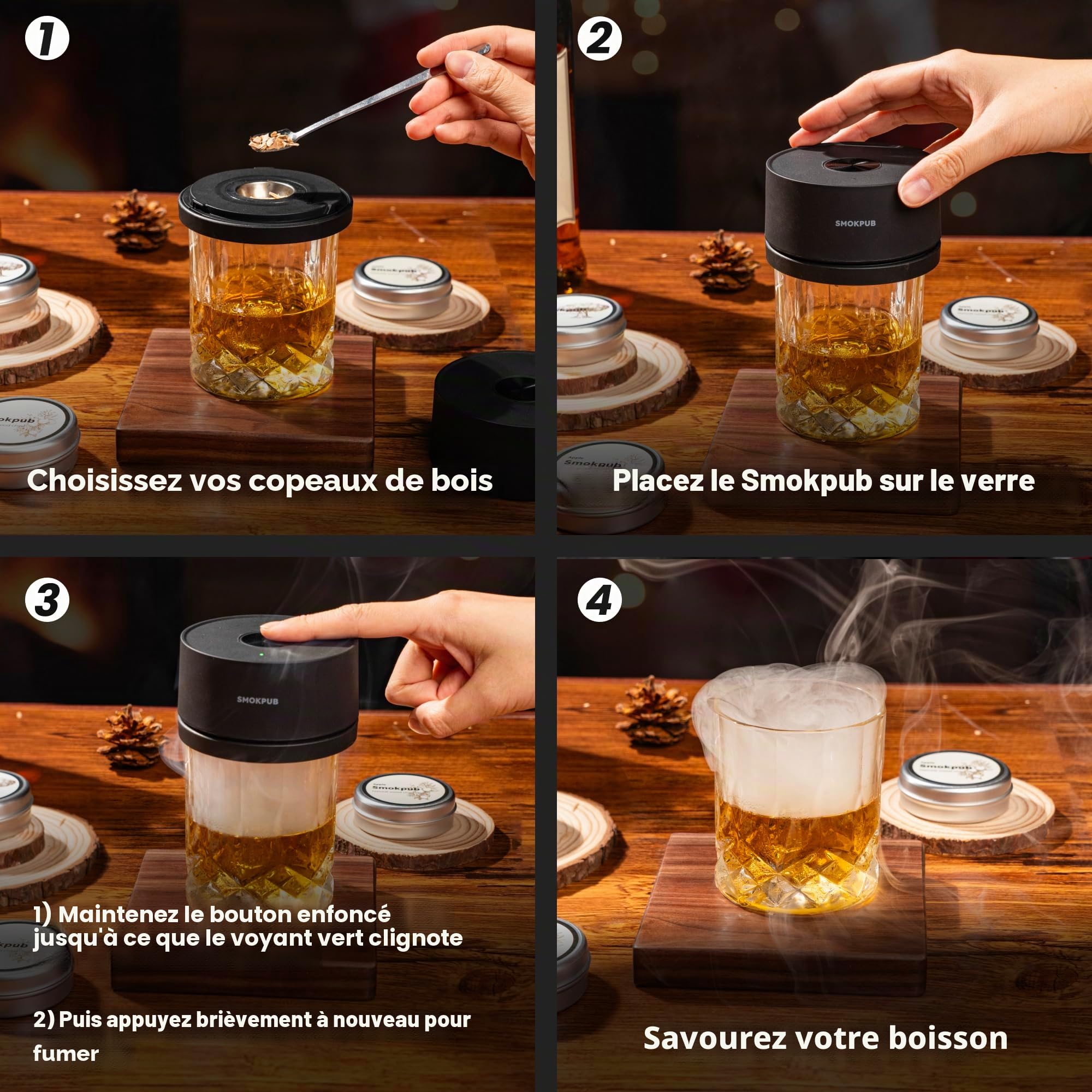 SMOKPUB Kit fumoir à whisky électrique avec briquet intégré, pas de butane nécessaire, kit fumoir à cocktail avec 6 copeaux de bois, kit fumoir à l'ancienne, cadeau de whisky bourbon pour homme, papa