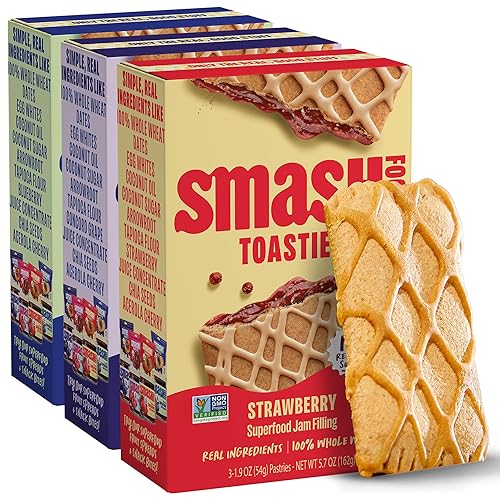 Smash Foods Toasties - Paquete variado de 3 tostadoras de trigo integral saludables, fresa, arándano, uva, sin azúcar refinada, relleno de fruta