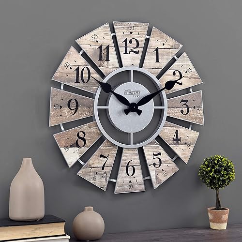 FirsTime & Co. Reloj de molino de viento marrón Shiplap Farmhouse con diseño americano, marrón, 24 x 2 x 24 pulgadas