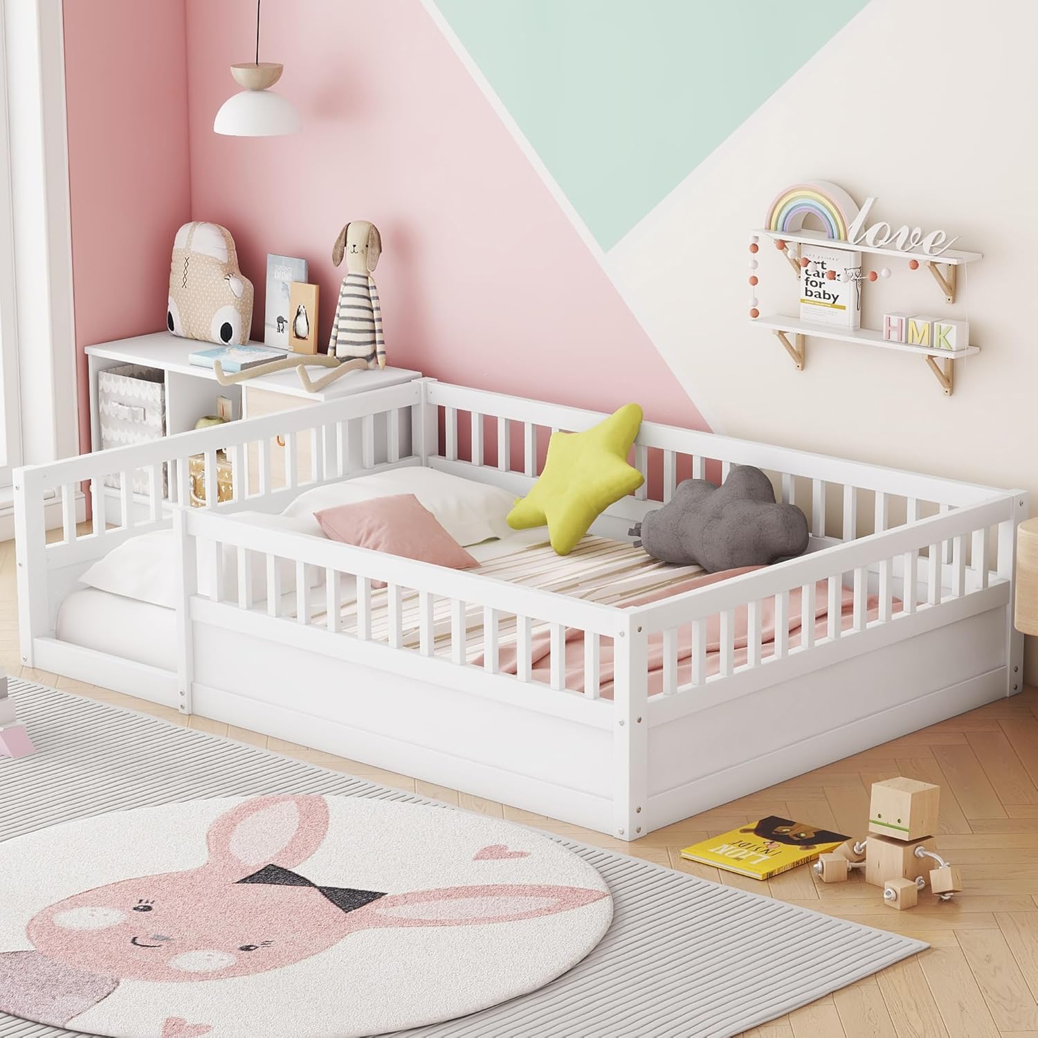 Favfurish Full Size Montessori Floor Bed, Solid Wood Playhouse Bedframe with Safety High Fence for Kids, Girls, Boys, Bedroom, Playroom, Easy Assembly & No Box Spring Needed, White