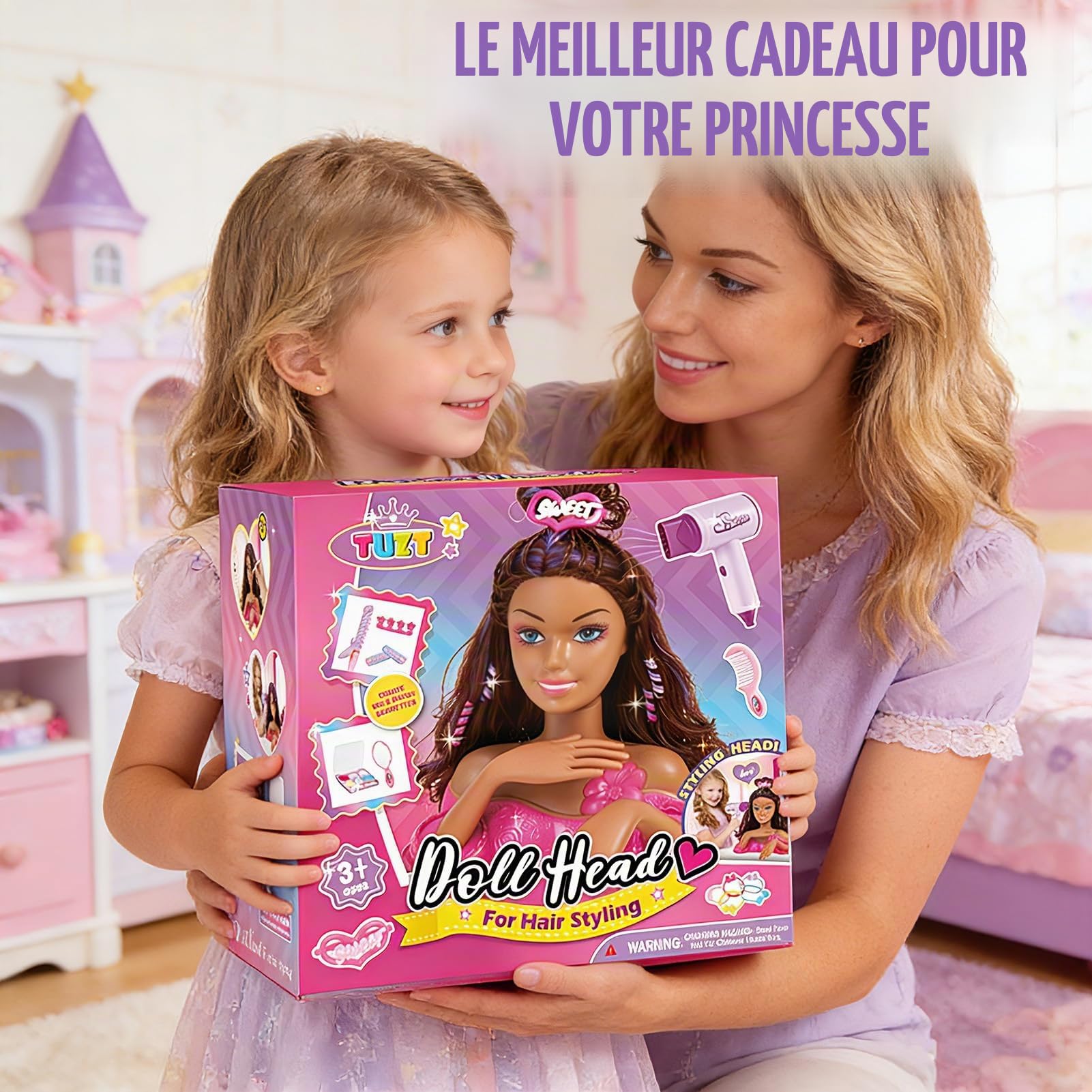Tete a Coiffer Enfant avec Ensemble Accessoires Coiffure, Poupée de Maquiller avec Sèche-Cheveux Maquillage Autocollants pour Ongles, Salon de Coiffure Jouet Cadeaux pour Fille 3 4 5 6 Ans