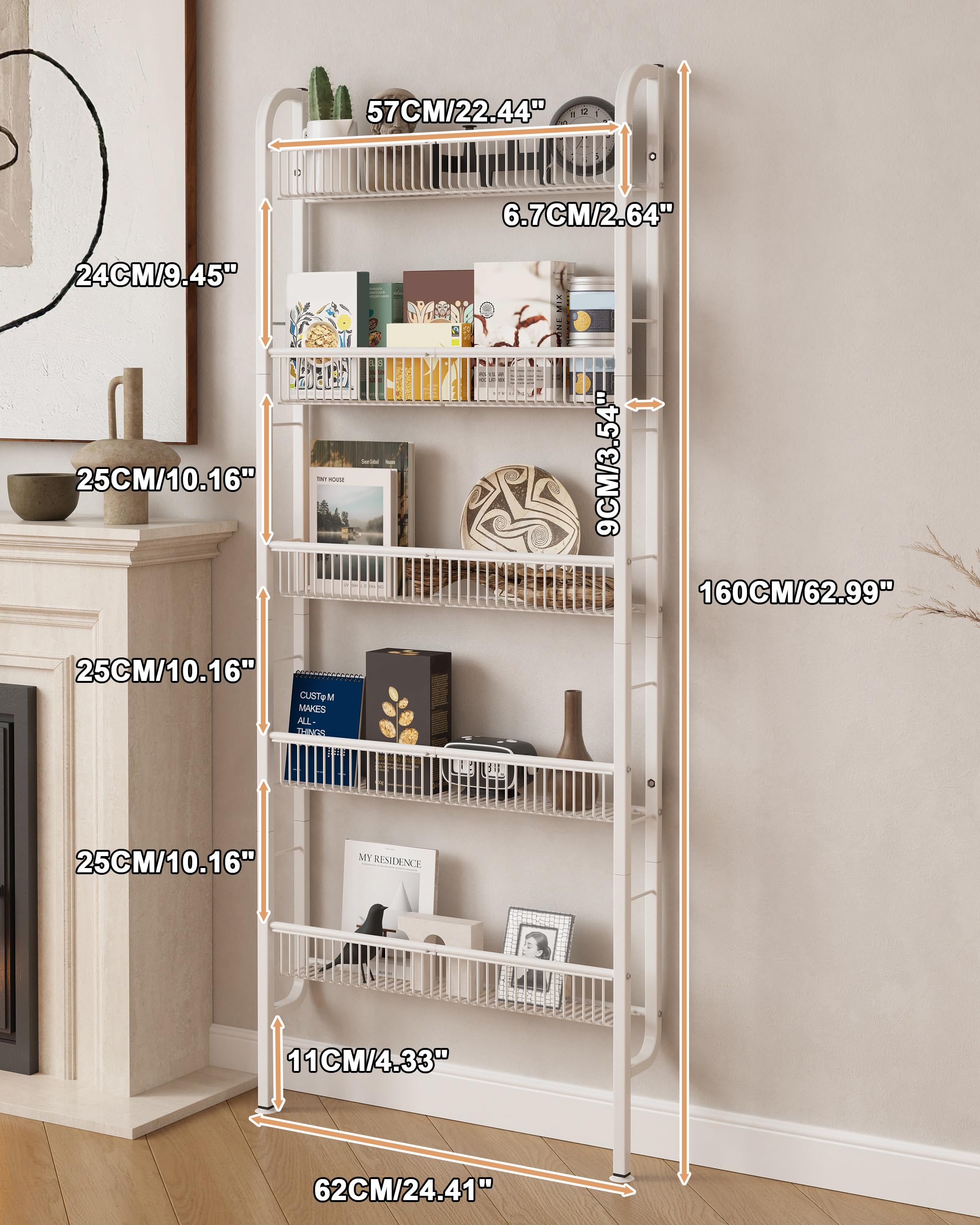 UMDONX Estante de Pared 5 Niveles, Estante Estrecho para Libros y Decoración, Organizador Multifuncional de Metal para Espacios Pequeños, Blanco