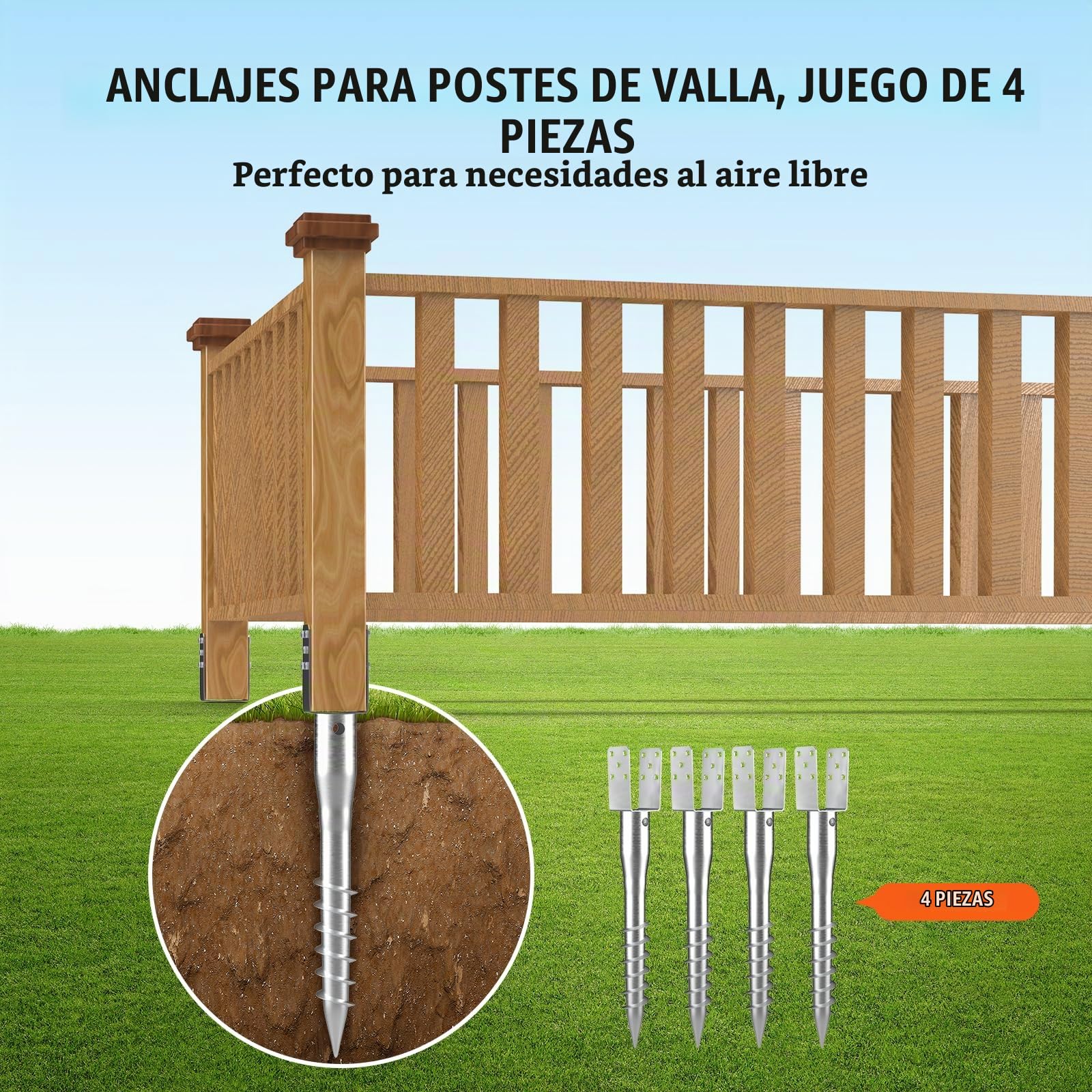 VEVOR Anclaje de Suelo sin Excavación, 100 x 70 x 700 mm, Estaca de Poste con Tornillo para Bricolaje, Incluye 6 Pernos de Retraso y una Barra, Soporte para Postes de Acero Resistente en Forma de U