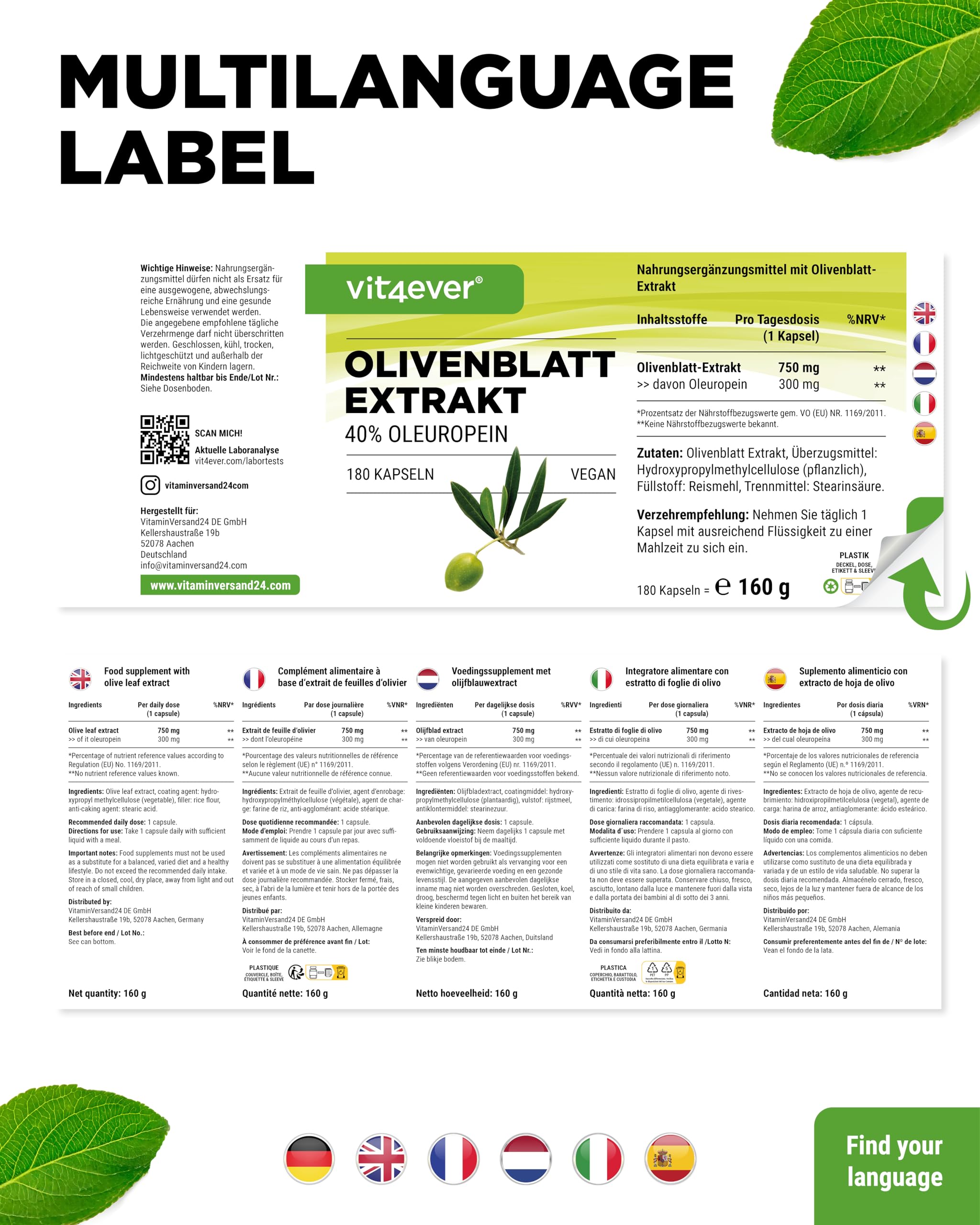 vit4ever Olivenblatt Extrakt - 180 Kapseln mit je 750 mg - 40% Oleuropein entspricht 300 mg - Hochdosiert - Vegan - Premium Qualität - ohne unnötige Zusätze