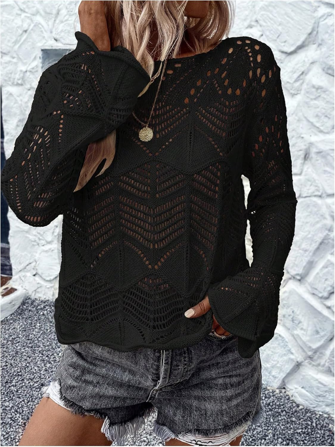 Women's Crochet Sweater Hollow Out Lightweight Sweaters Crew Neck Long Sleeve Casual Pullover Knit Top - Image 5