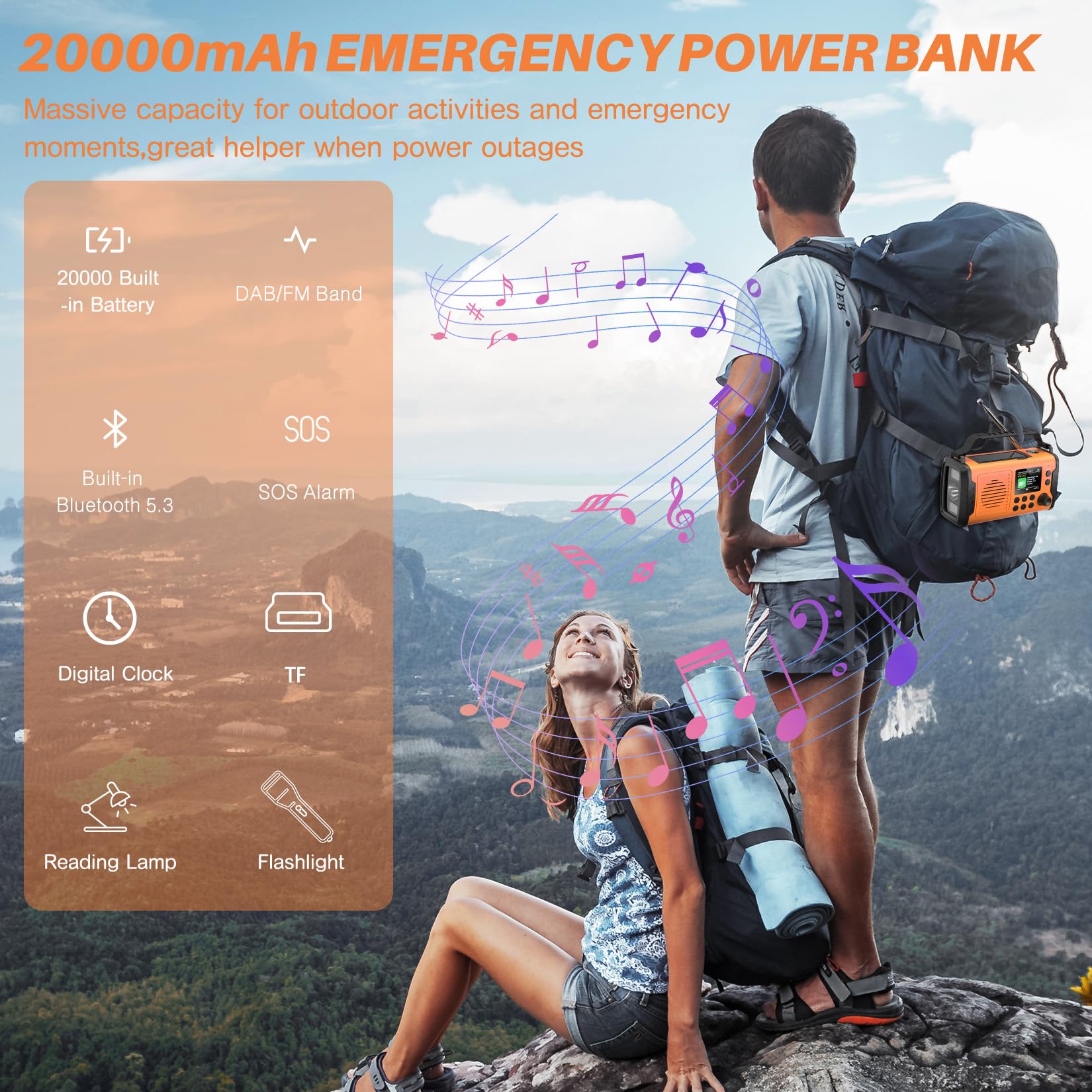 Radio A Manovella DAB+ FM 20000mAh Bluetooth Solare Emergenza con Sveglia, Torcia LED (Arancione)
