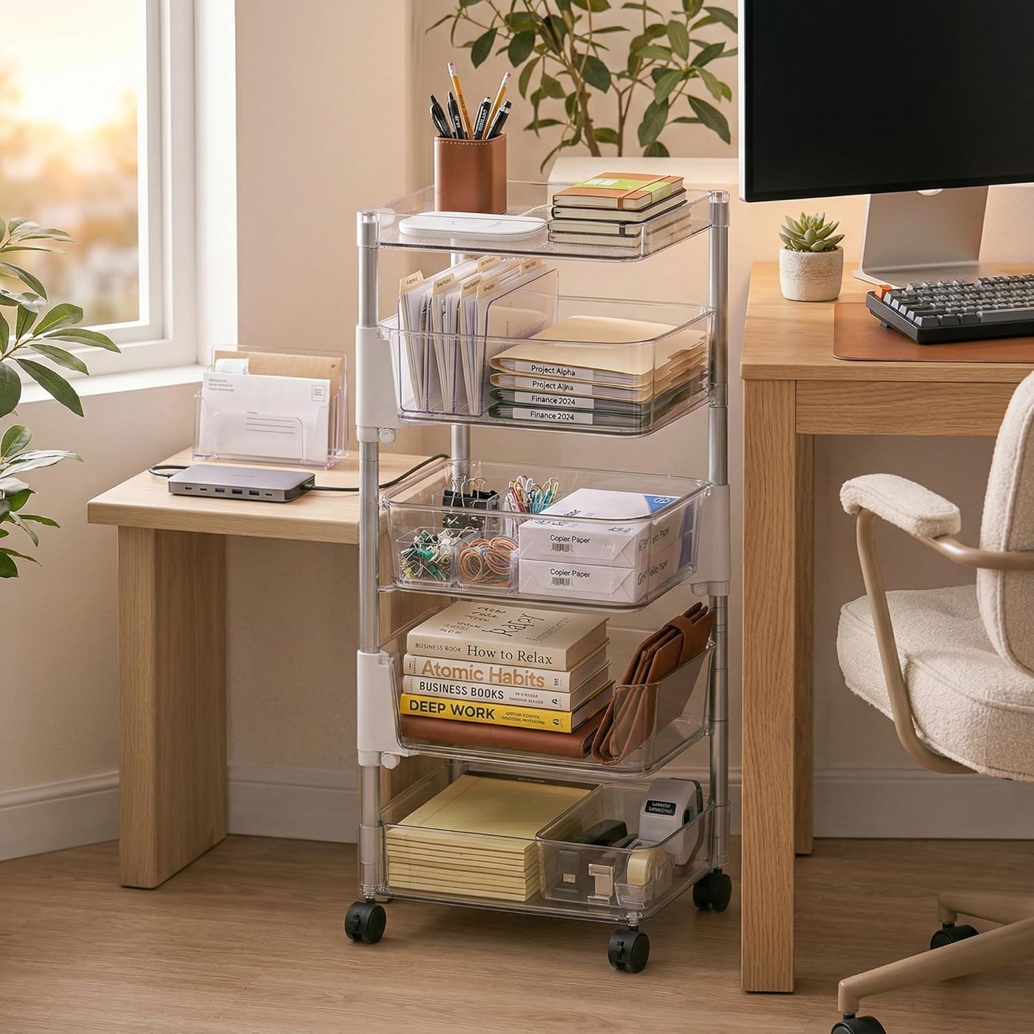 OnDisplay 360° Rotating Clear Storage Trolley – Multi-Tier Rolling Acrylic Utility Cart for Vanity, Craft Room, Pantry, Office & Bathroom – Mobile Multipurpose Organizer Rack for Makeup, Kitchen,