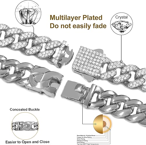 Miniatura 7 de 2 cadenas de eslabones cubanos para hombres y mujeres, collar de cadena de eslabones cubanos de Miami, chapado en oro y plata, cadena de diamantes