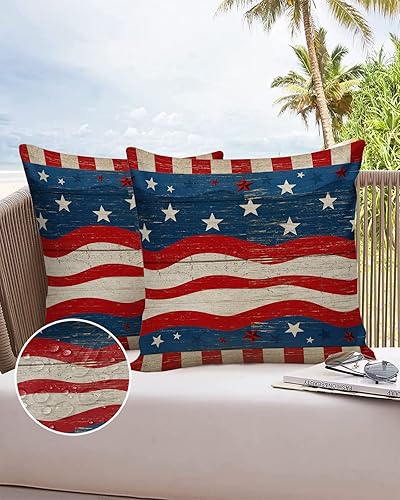 Miniatura 6 de Fundas de almohada para exteriores, Día de la Independencia, diseño patriótico de rayas de estrellas, impermeables, paquete de 2 fundas de cojín