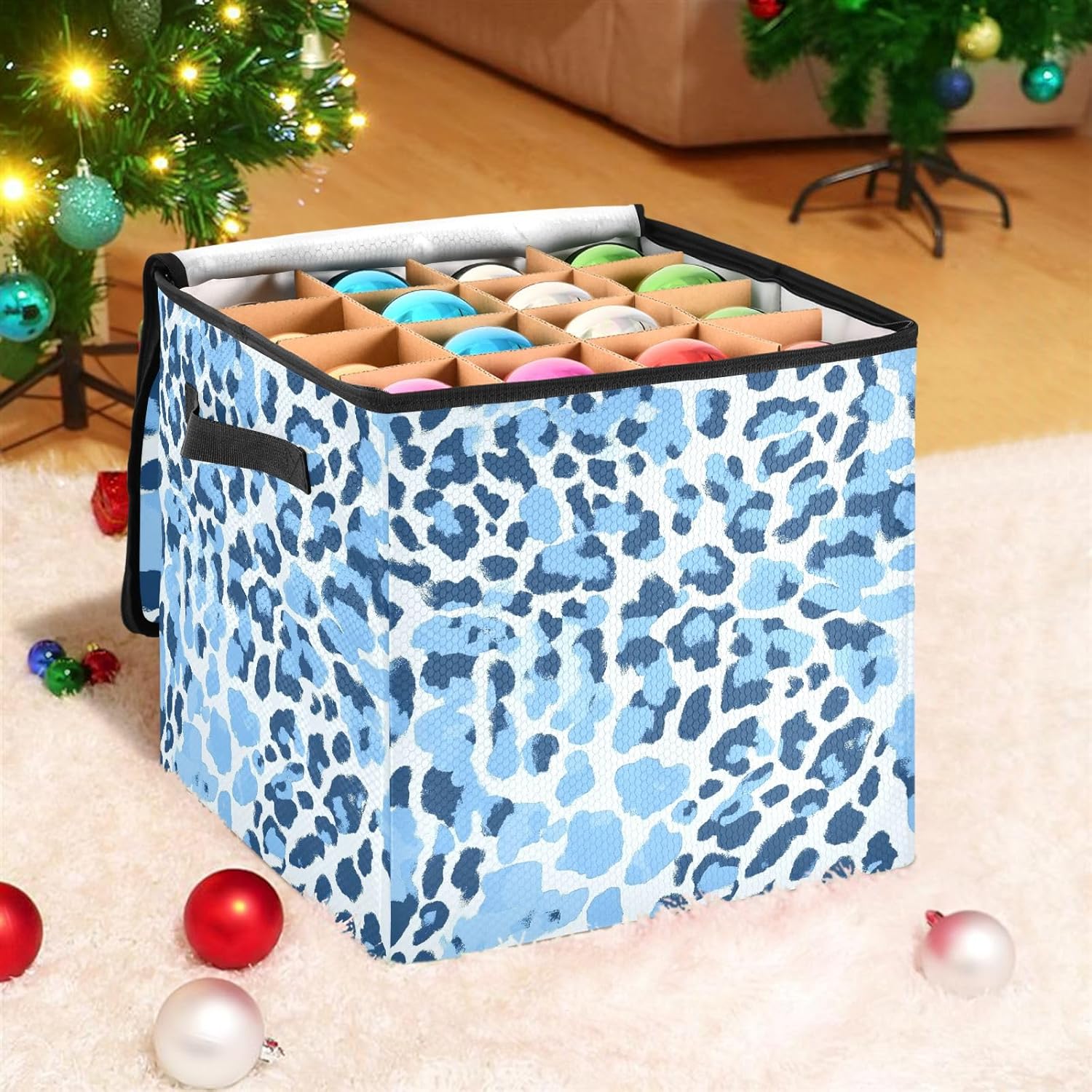 High Capacity Christmas ornament storage containers Holds Up to 64, Adjustable Dividers, Zippered Top, Two Handles sturdy Holiday Storage Case with Lid,Blue Summer Leopard Print
