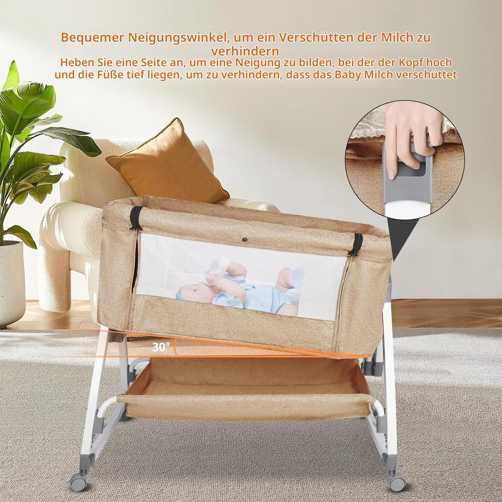OHMG Beistellbett,Babybett,Babywiege,3 in 1 Babybett Babywiege für Neugeborene,Schaukelbettchen für Zuhause und Unterwegs mit Rädern verstellbare 6 Höhen (Off White (80x40x100-115cm))