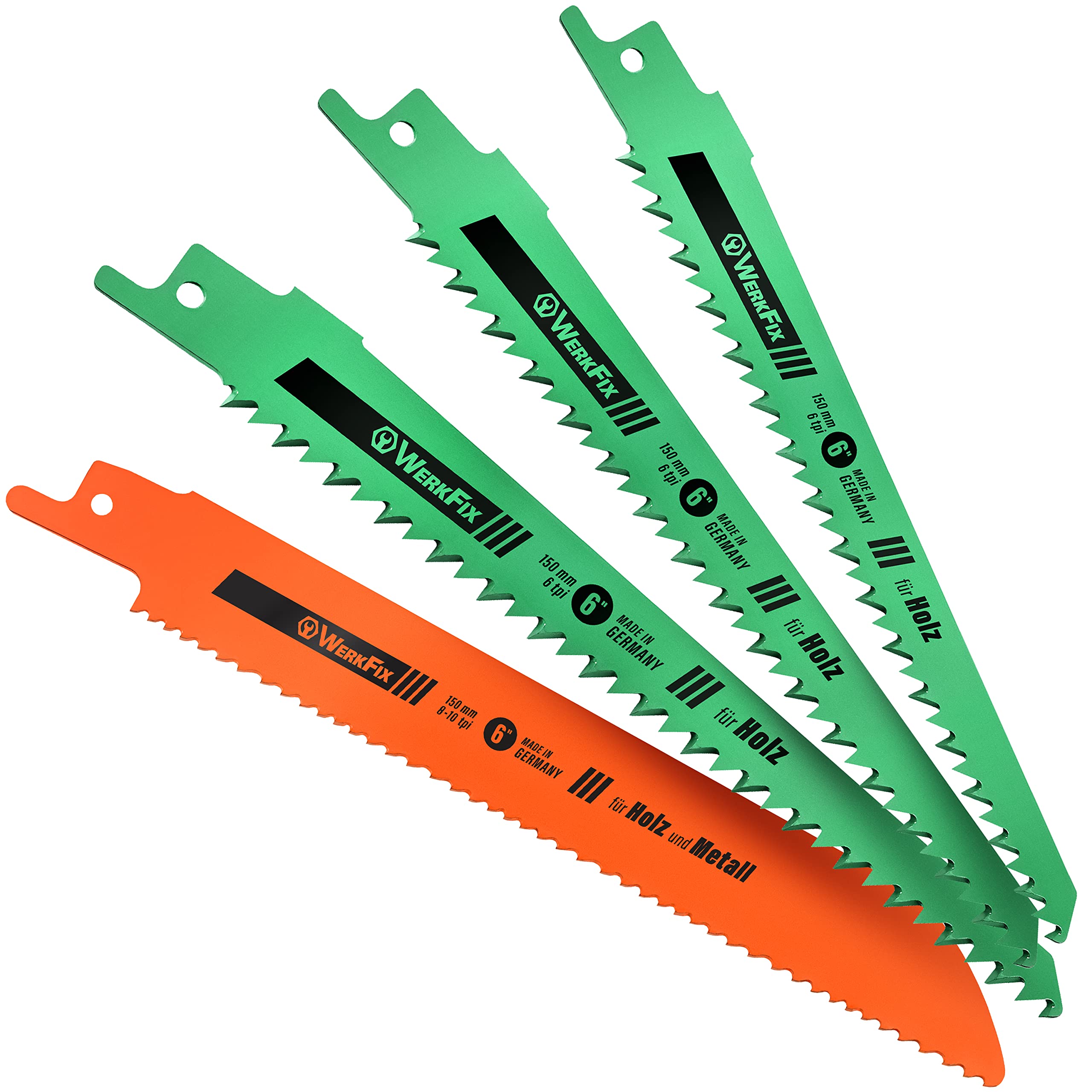WERKFIX Lame per Seghetto Alternativo MADE IN GERMANY: 3 x Legno e 1x Metallo. Set di 4 x Seghetto a Gattuccio (Bosch, Black Decker, Einhell, Makita etc): Tagli veloci HCS 150 mm