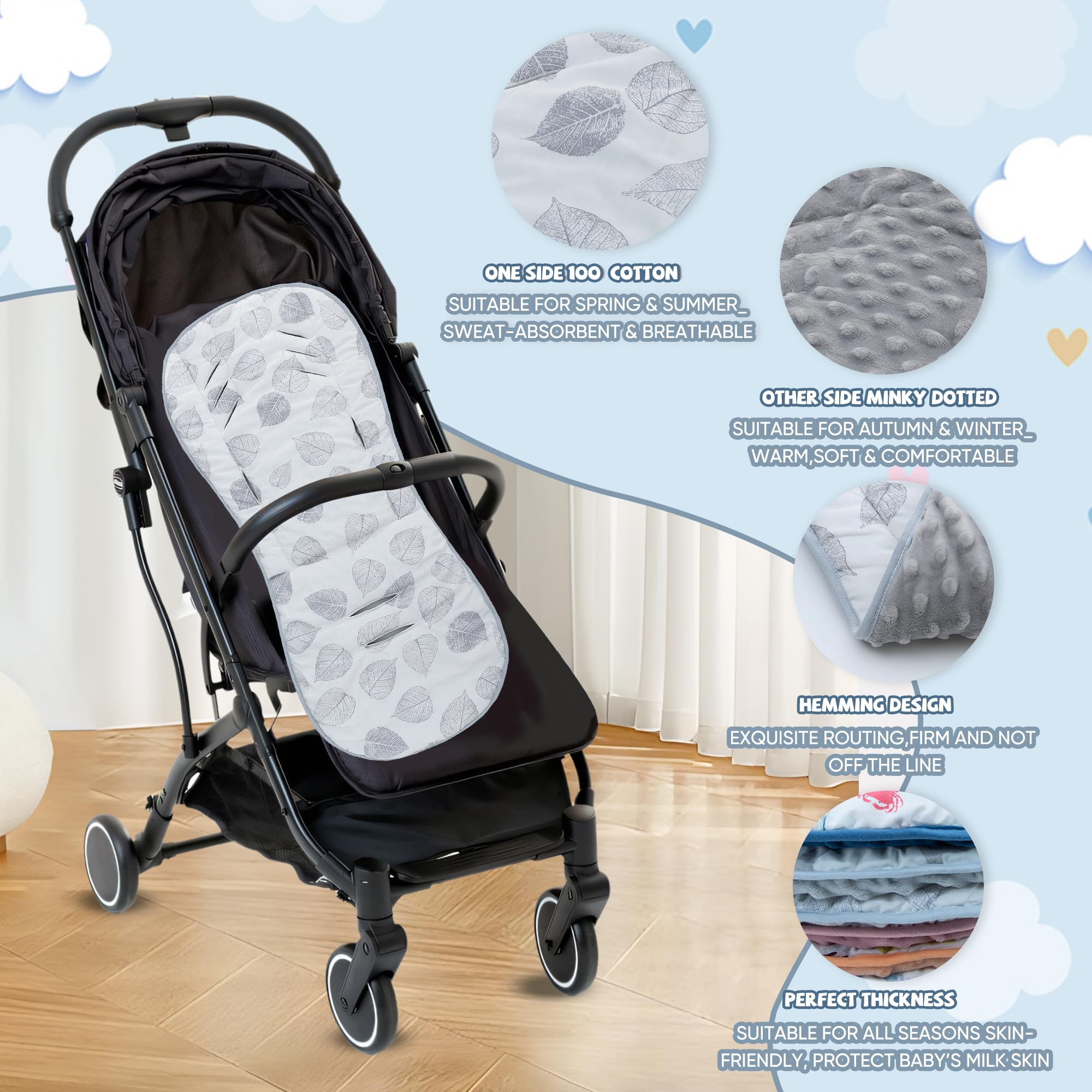 Baby Pushchair Seat Liners,Universal Double-Sided Pram Seat Liner,Baby Stroller Liner Pad Seat Cover Seat Cushion for Toddler Infant,Reversible for Pushchairs & Strollers,37x80cm(Gray Leaves) - Image 4