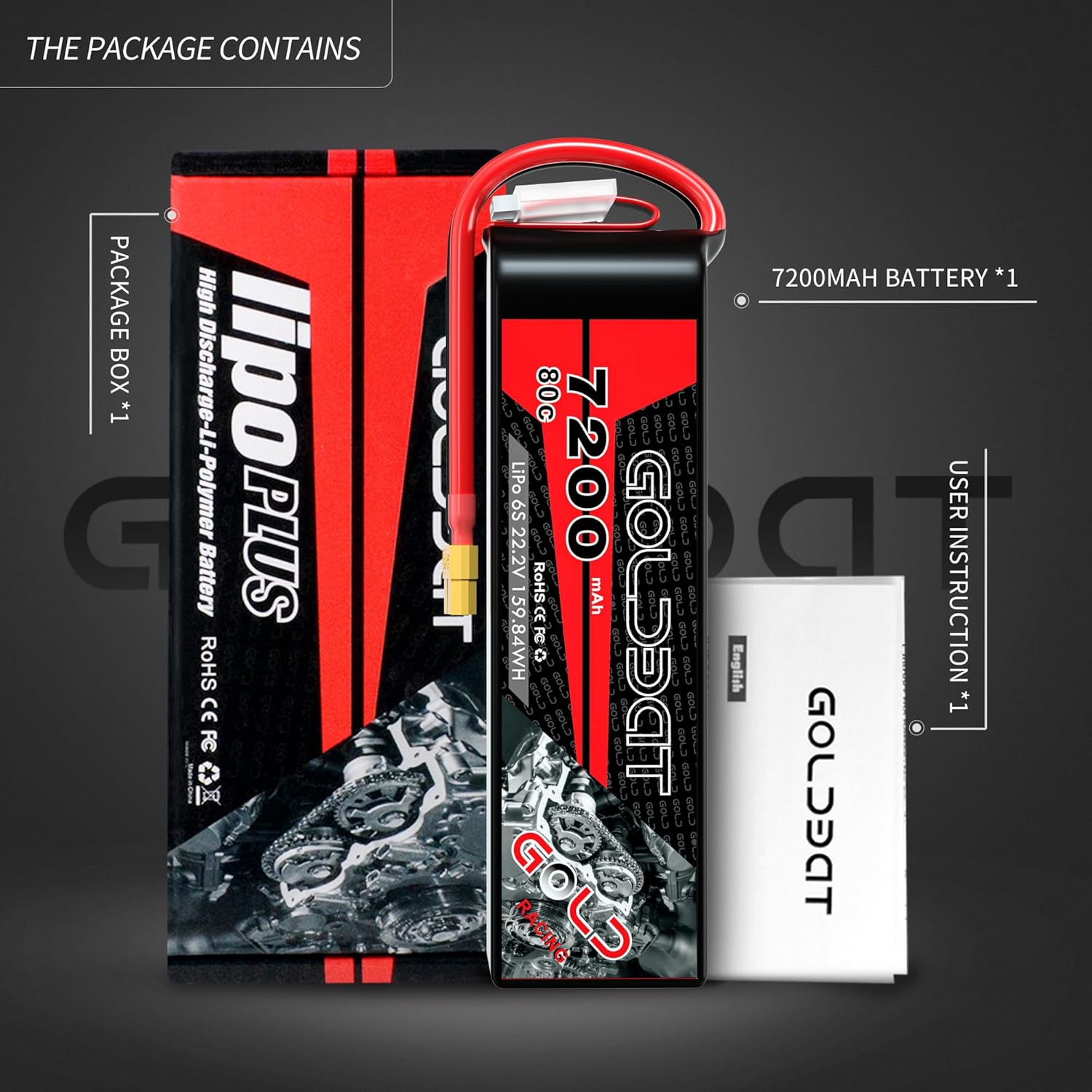 GOLDBAT LiPo Battery 6S 7200mAh 22.2V 80C with XT60 Connector Soft Pack RC Battery for RC Car Truck Tank Buggy Truggy RC Hobby Models (1 Pack)