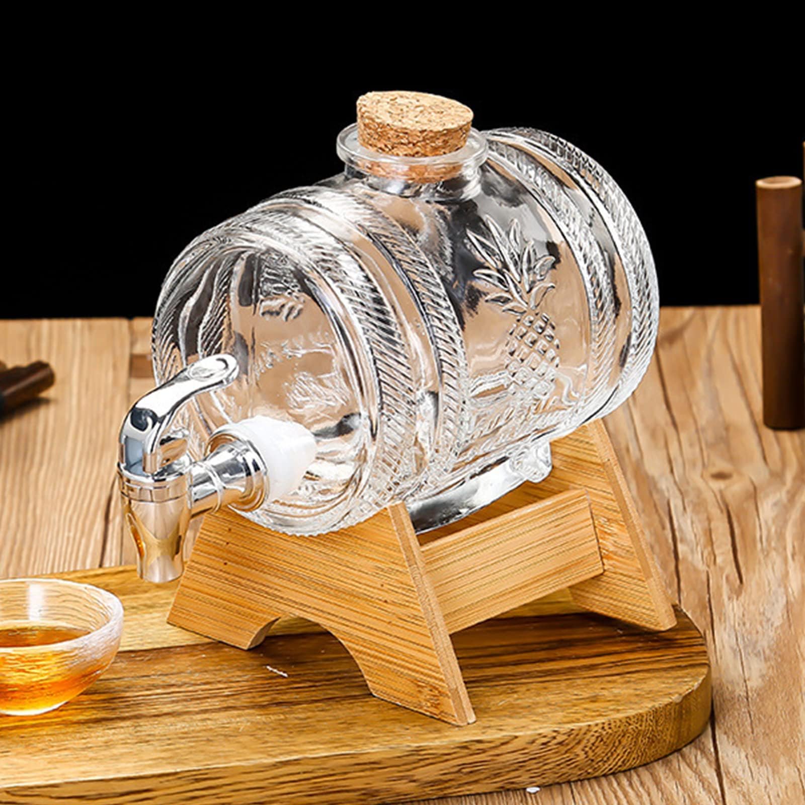 Jarra de whisky, dispensador de bebidas en forma de barril de 3 litros, decantador de barril con grifo, dispensador de bebidas con grifo y soporte de madera, dispensador de alcohol, ideal para vino