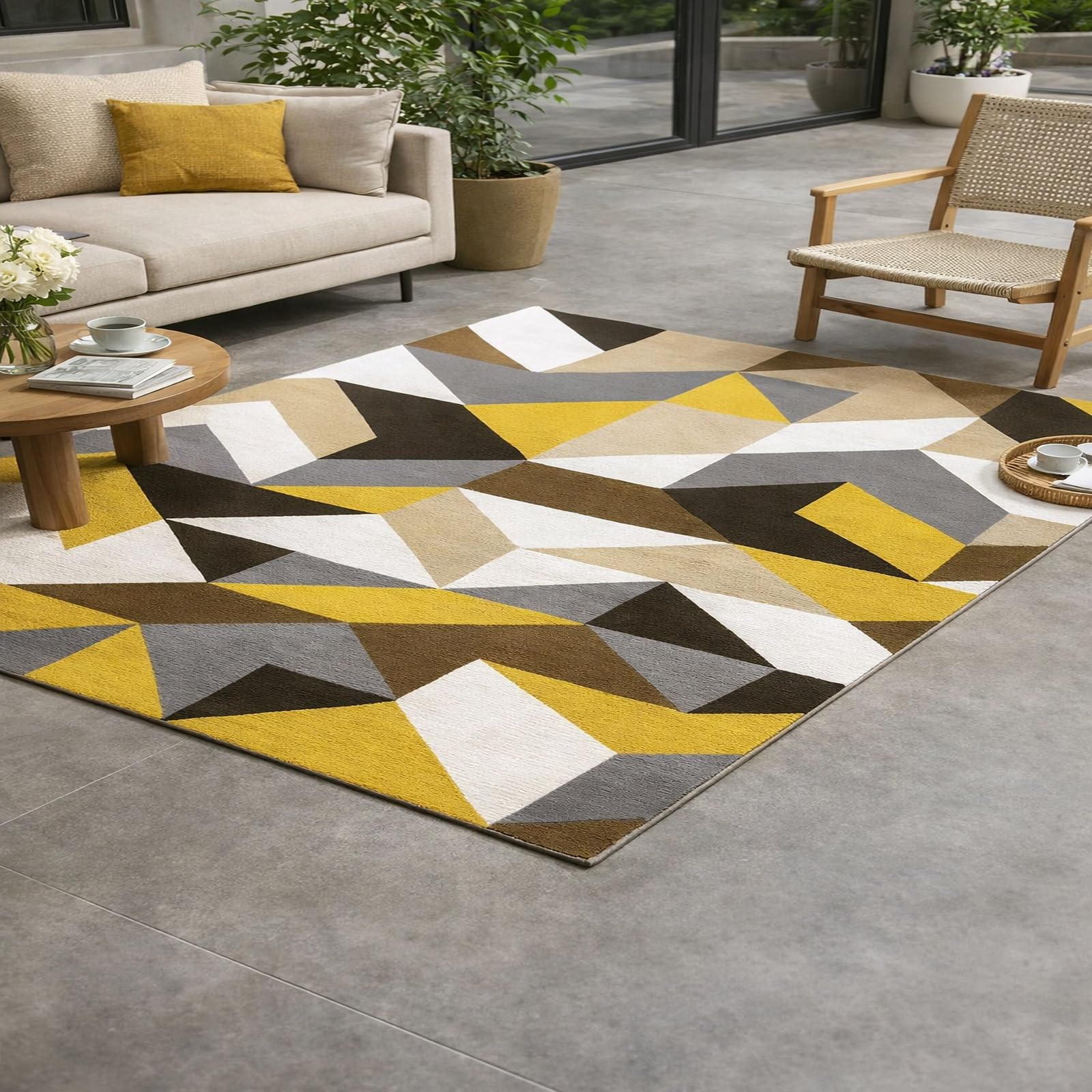 Tapis de salle à manger géométrique et moderne pour réchauffer un grand salon familial