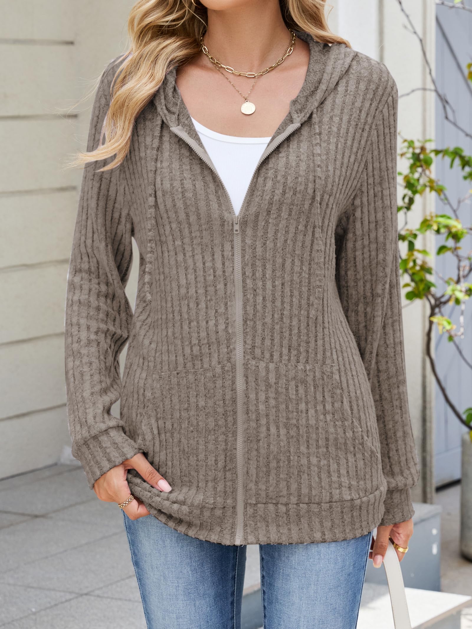 iChunhua Cardigan à capuche zippé à manches longues pour femme Veste légère avec poches
