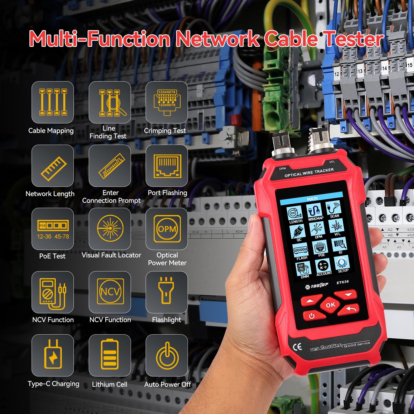 Tester per cavi di rete RJ45/RJ11/BNC – Misurazione lunghezza, rilevamento guasti, PING, PoE, tracciamento tono, display LCD multifunzione
